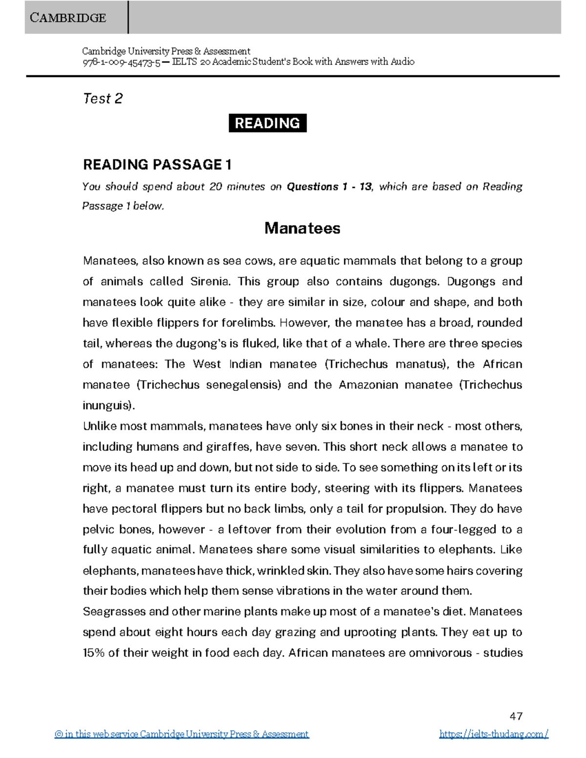 IELTS 20 Academic Reading Test 2: Manatees and Procrastination Insights ...