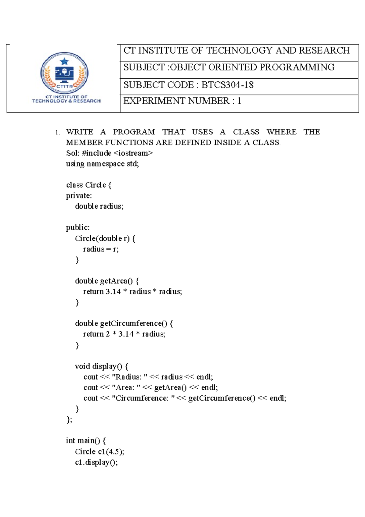 CT INSTITUTE OF TECHNOLOGY AND RESEARCH: OOP C++ Code Examples - Studocu