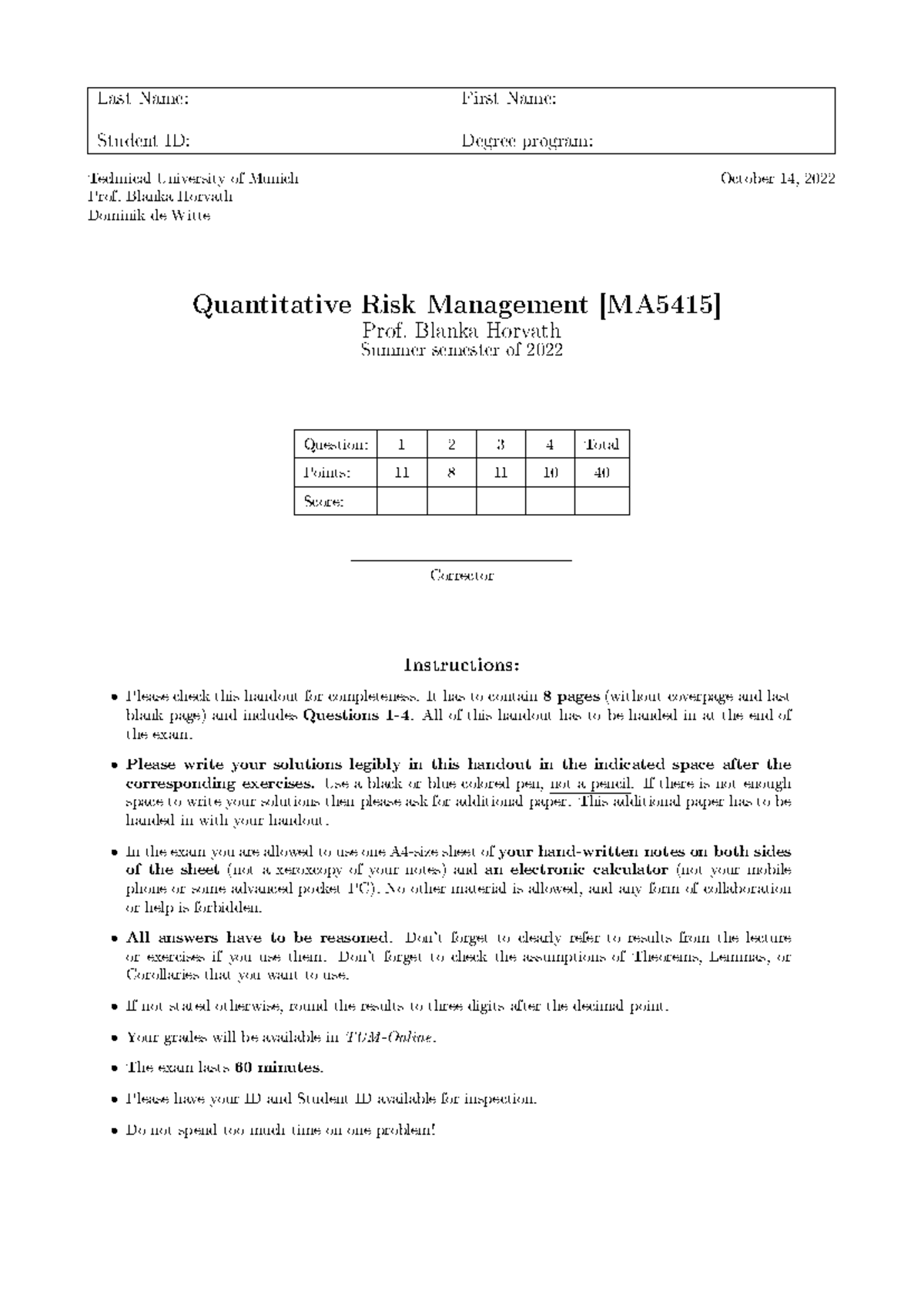 Retake Exam: Quantitative Risk Management (QRM) - Technical University ...