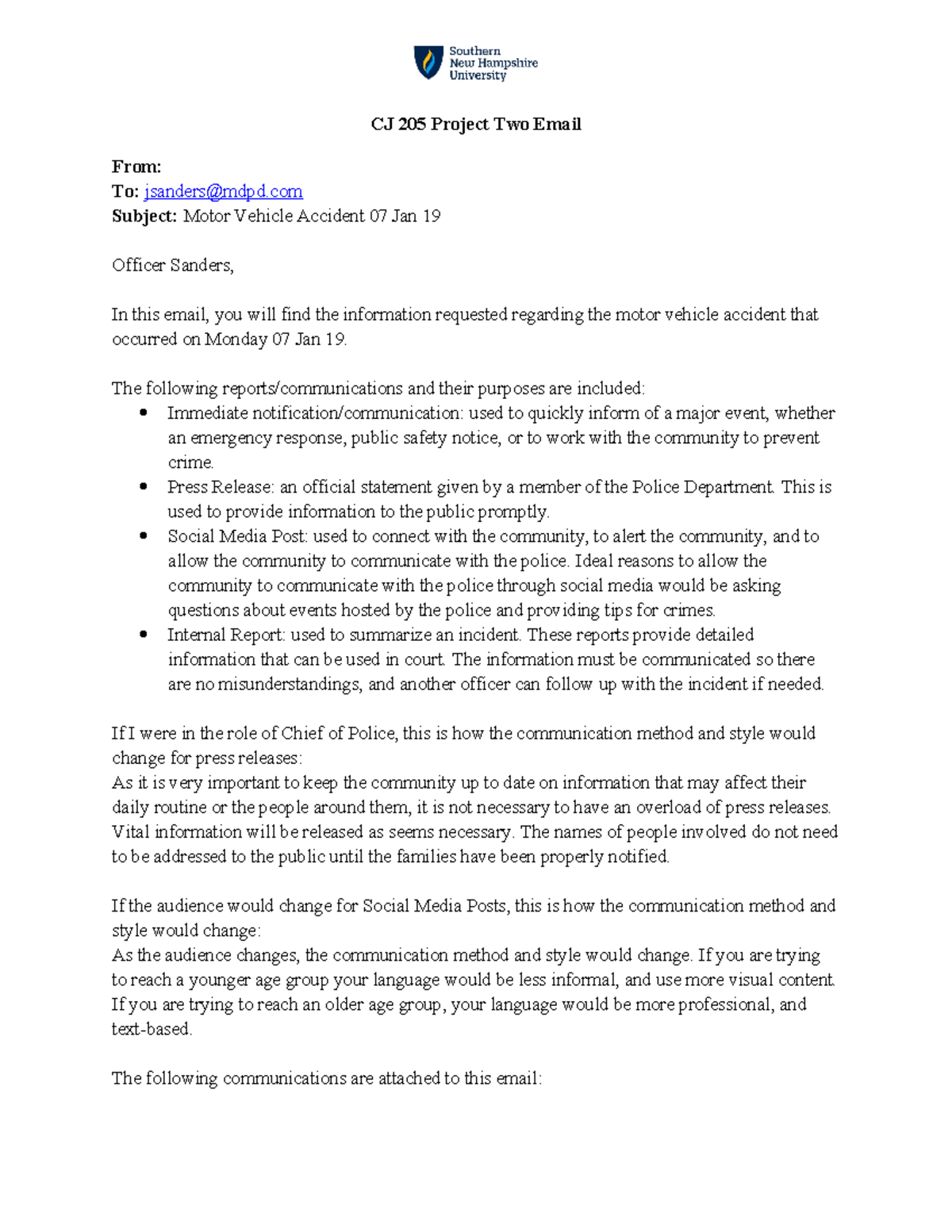 CJ 205 Project Two Email: Motor Vehicle Accident Communication Summary ...