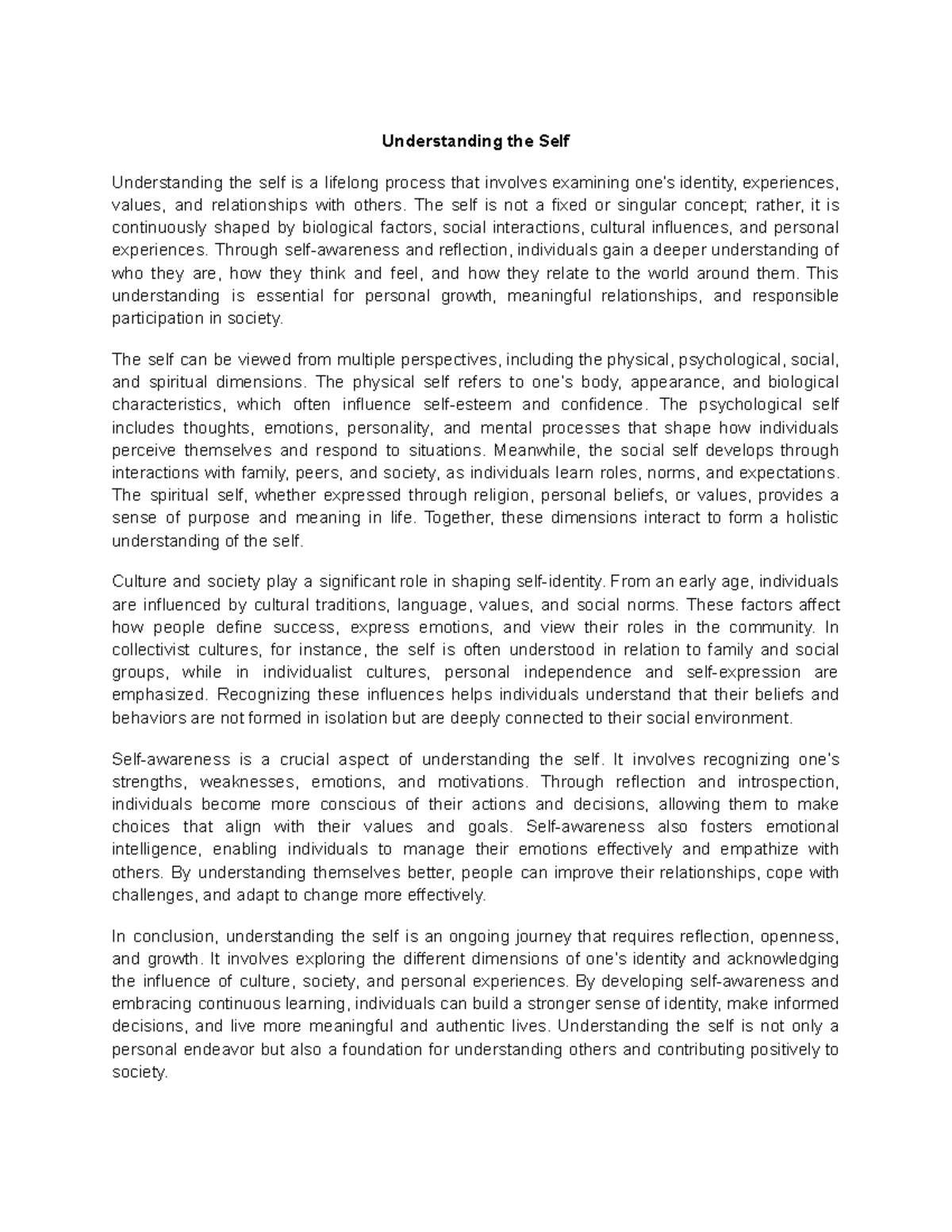 Understanding the Self: An Introductory Essay on Identity and Growth ...