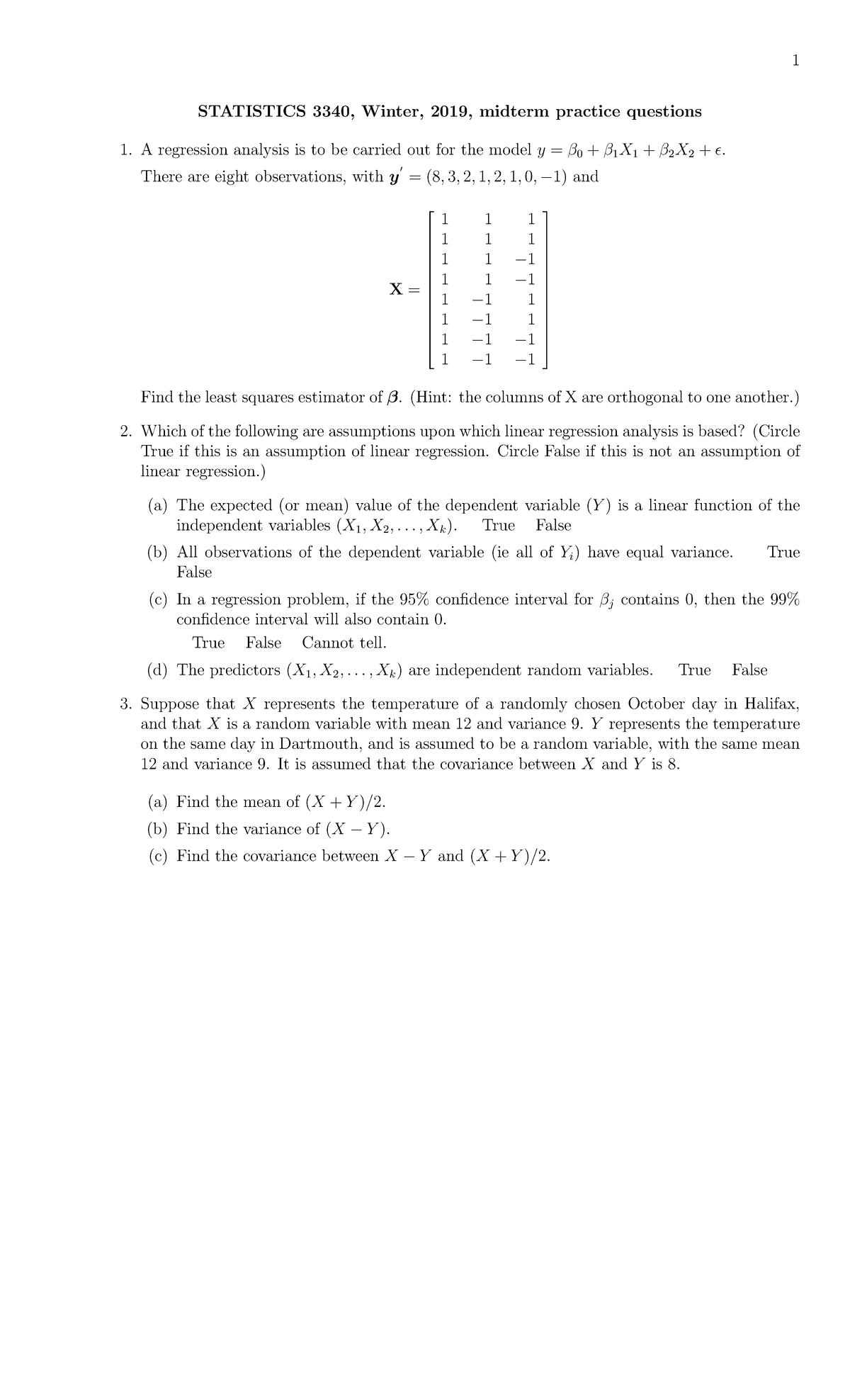 Statistics 3340: Winter 2019 Midterm Practice Questions - Studocu