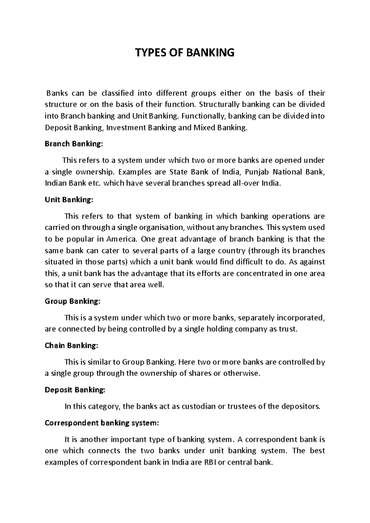 Types of Banking - Lecture Notes 3-7: Branch, Unit, Group, & More - Studocu