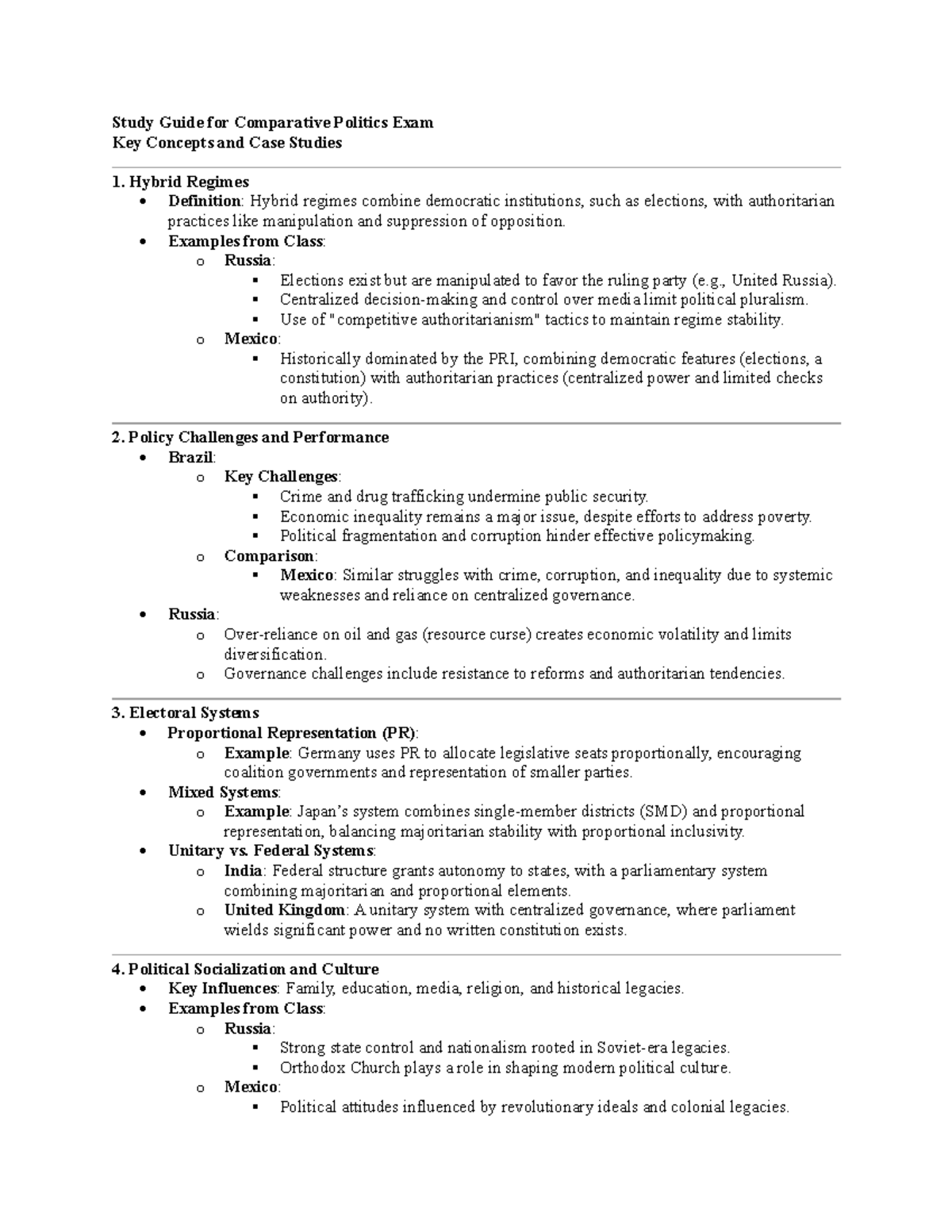 Study Guide for Comparative Politics Exam: Key Concepts & Case Studies ...