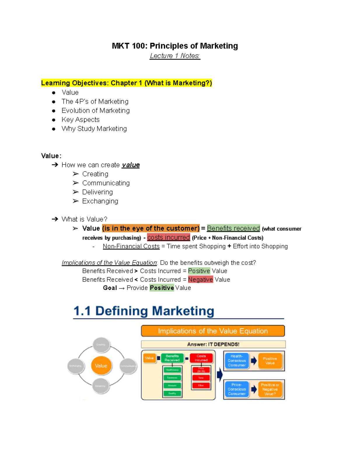 MKT 100: Principles of Marketing Lecture 1 Notes on Value Creation ...
