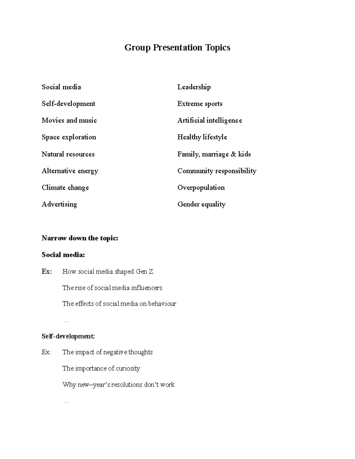 Presentation topics - SSSSS - Group Presentation Topics Social media ...