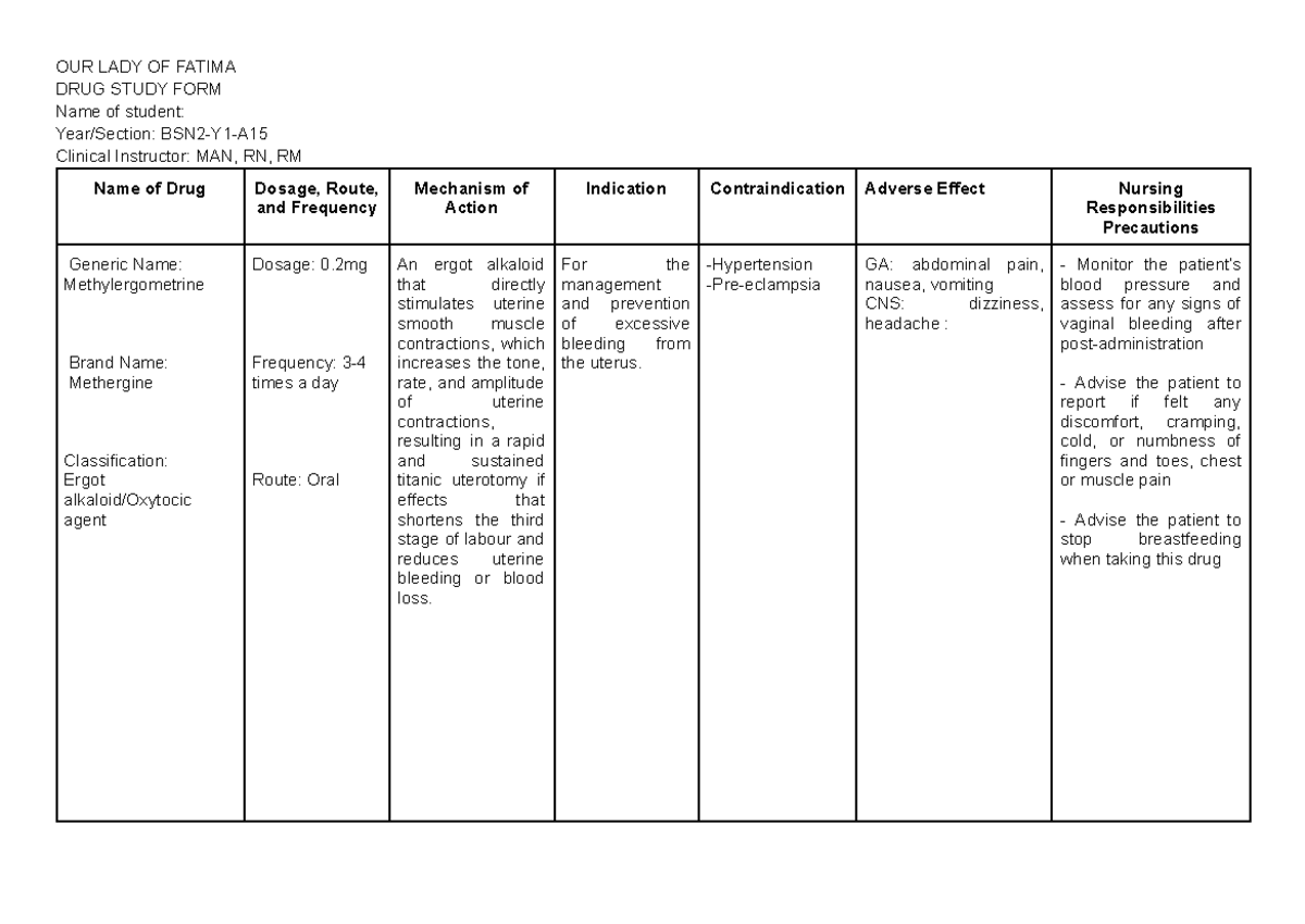 OUR LADY OF FATIMA DRUG STUDY: Methylergometrine Overview - Studocu
