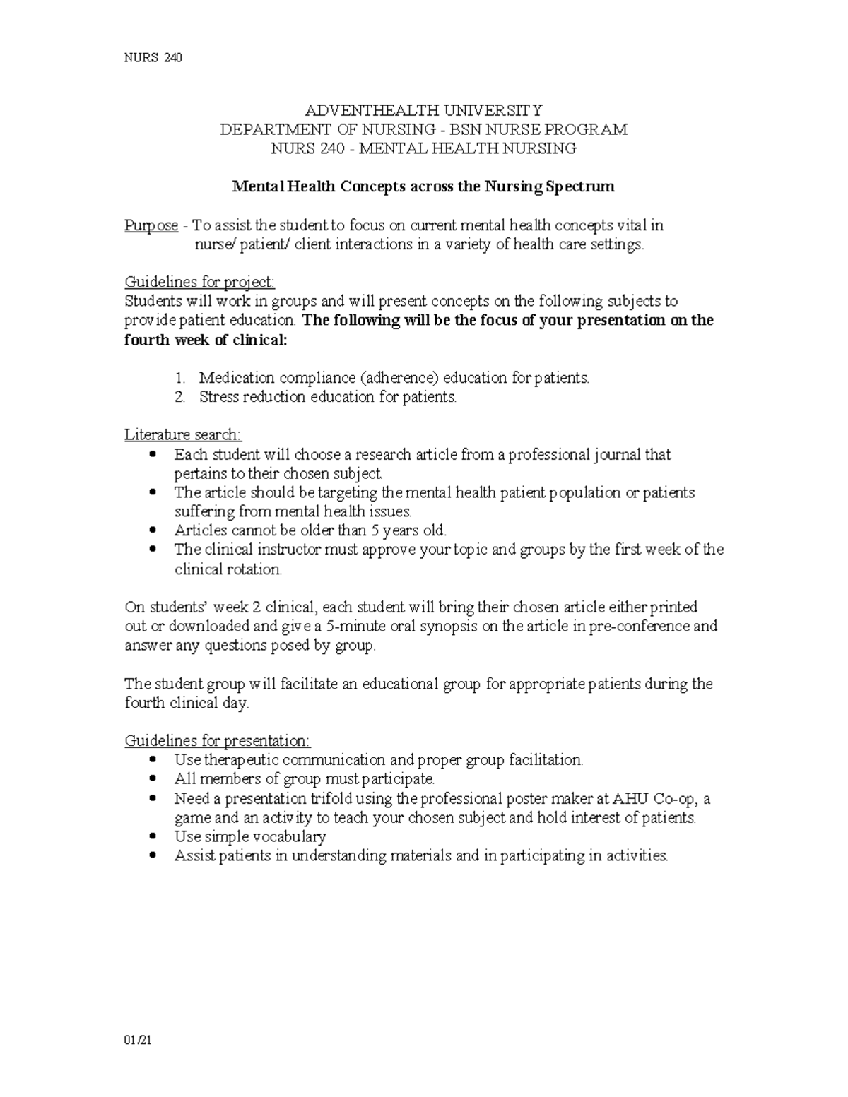 NURS 240 Mental Health Nursing Project Guidelines and Overview - Studocu