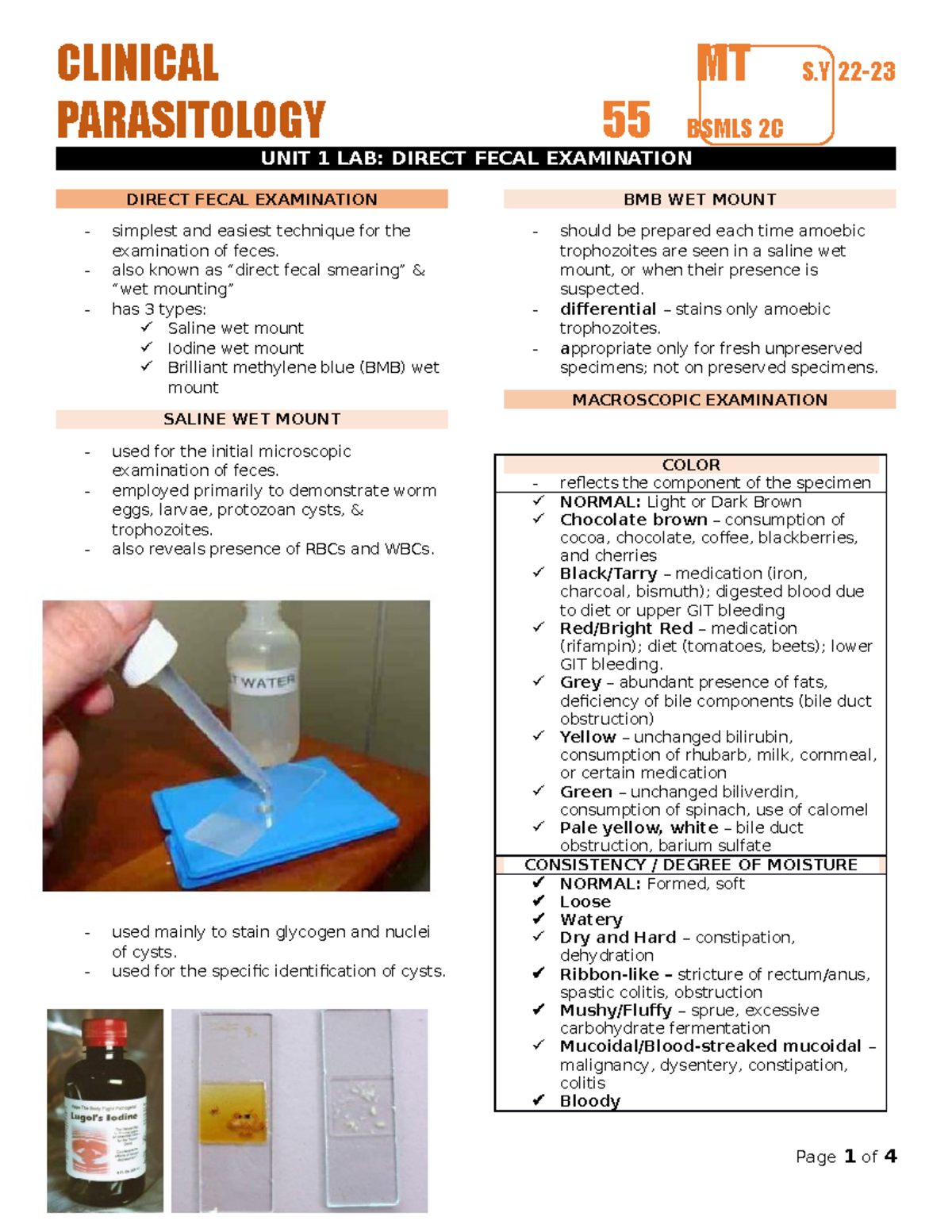 Parasitology 55 BSMLS 2C Lab 1: Direct Fecal Examination Guide - Studocu