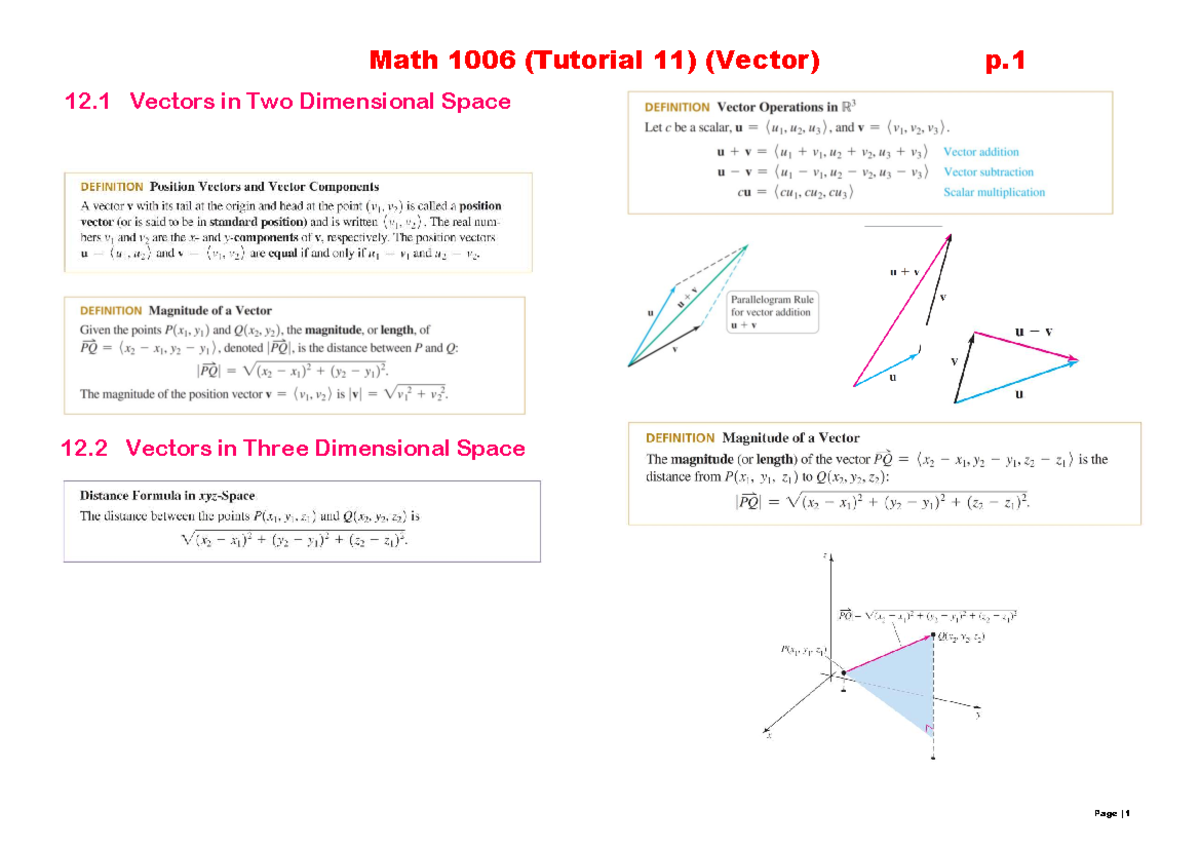 Math 1006 Tutorial 11: Vectors in 2D and 3D Space - Studocu