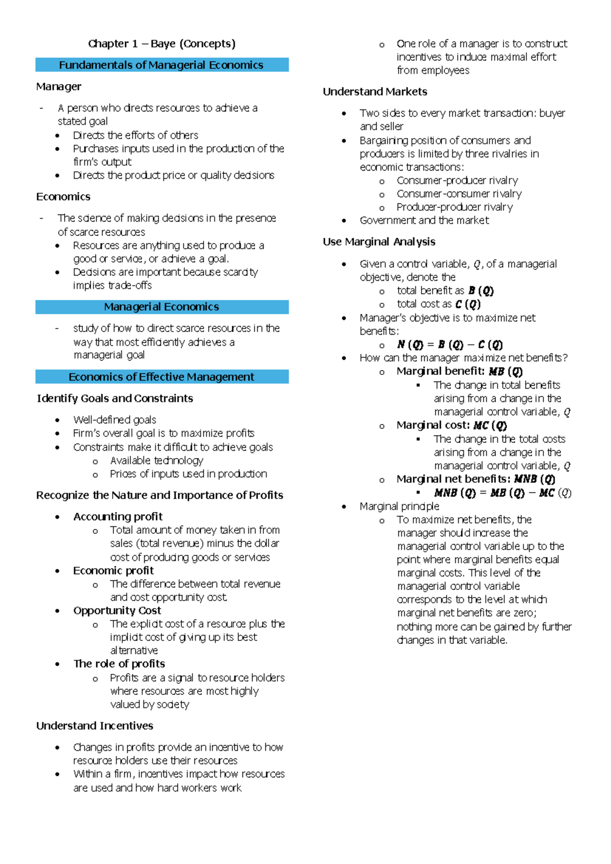 Managerial Economics (M a n Econ) Chapter 1 & 4 Review Notes - Studocu