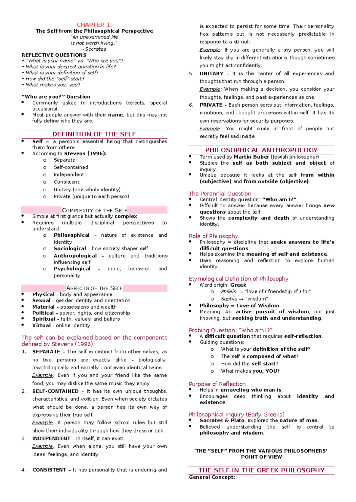 CHAPTER 1: The Self from a Philosophical Perspective - Notes - Studocu