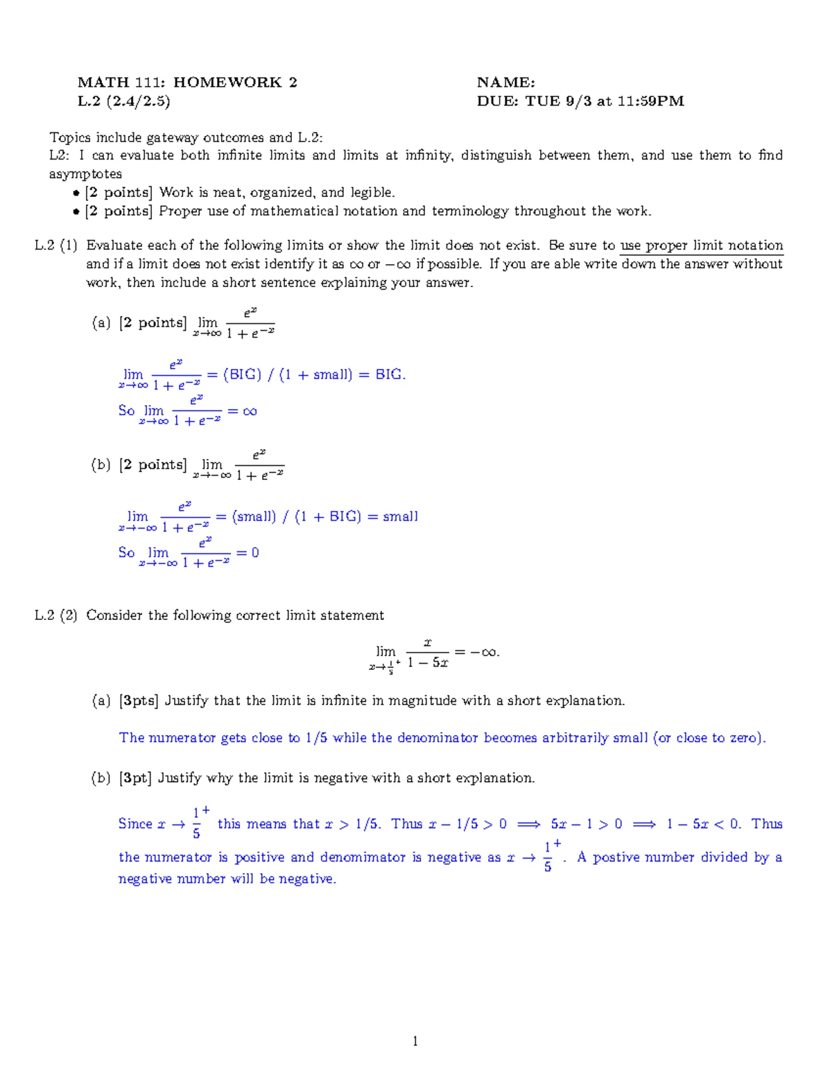 MATH 101 Written Homework 2: Evaluating Infinite Limits and Asymptotes ...