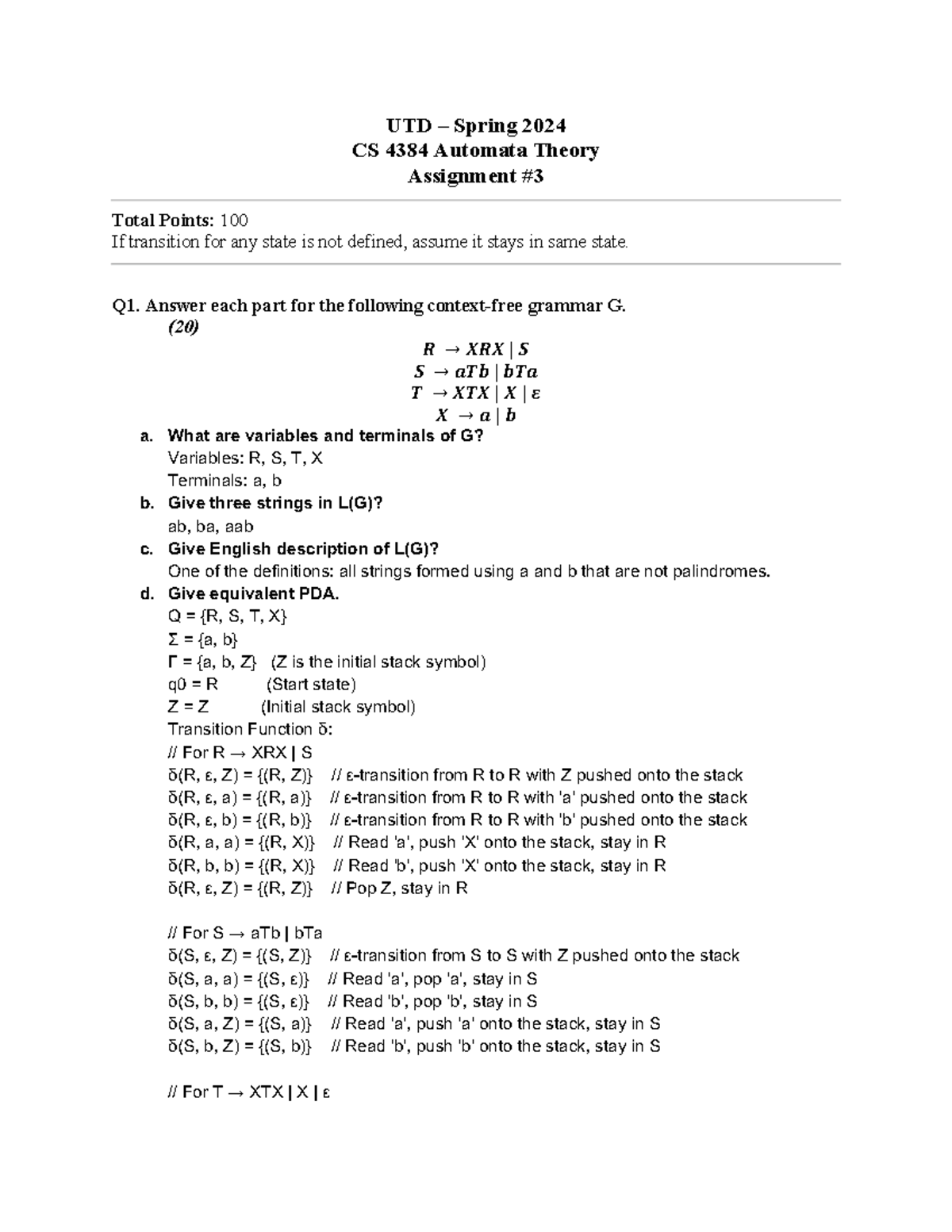 CS 4384 Spring 2024 Assignment 3 Solutions on Automata Theory - Studocu
