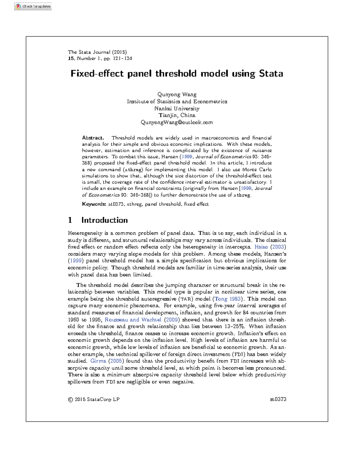 Wang 2015: Fixed Effect Panel Threshold Model Using Stata - Studocu