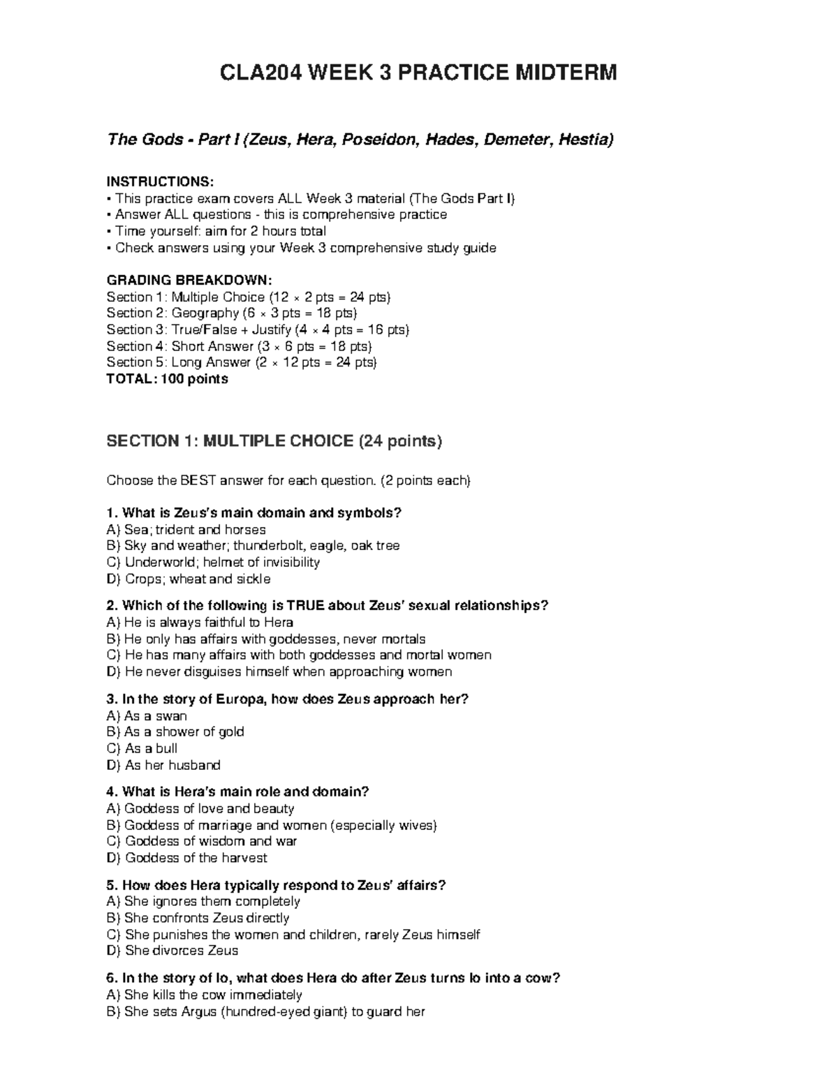 CLA204 WEEK 3 PRACTICE MIDTERM: The Gods Part I Overview - Studocu