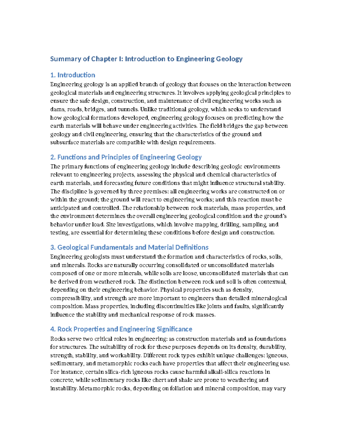 Chapter 1 Summary: Intro to Engineering Geology Concepts - Studocu