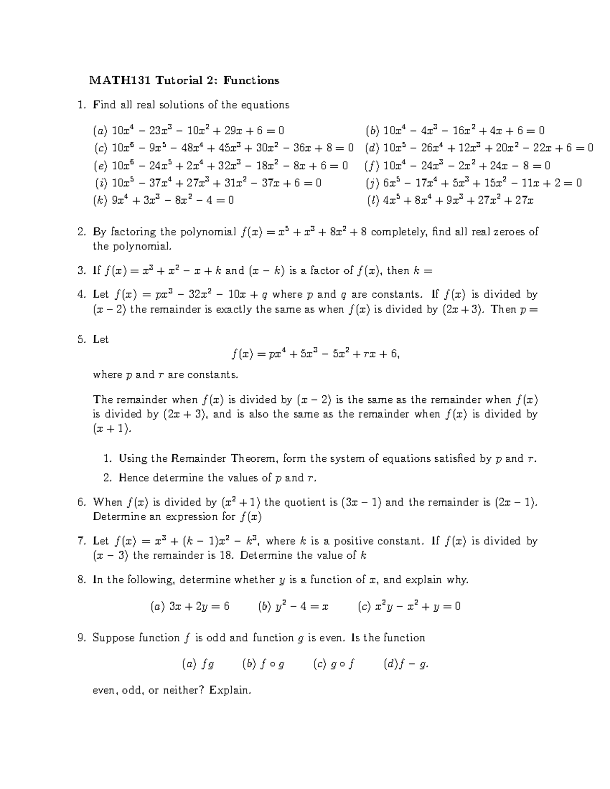 MATH131 Tutorial 2: Real Solutions and Functions Analysis - Studocu