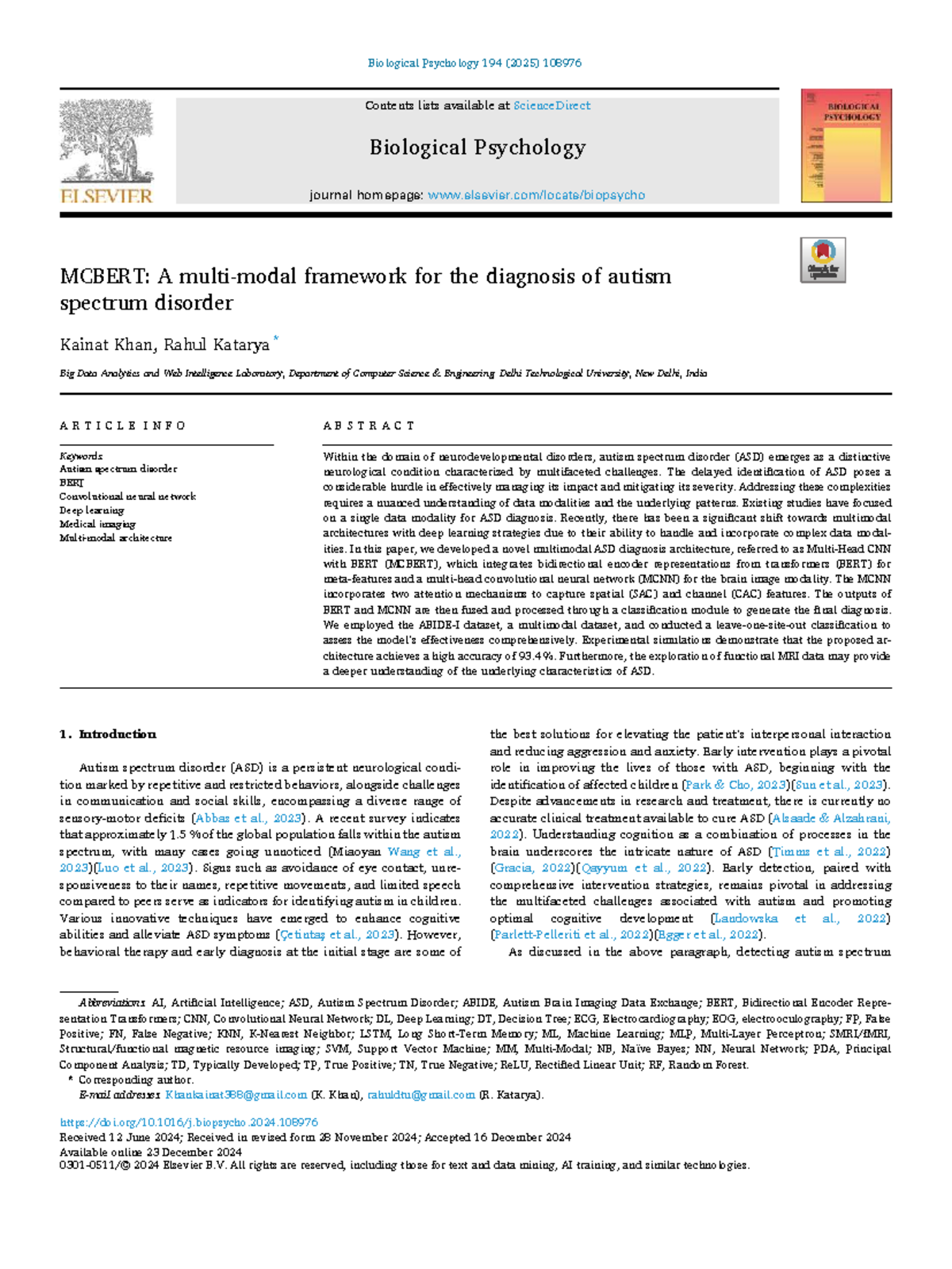 MCBERT: A Multimodal Framework for Autism Diagnosis in Biological ...
