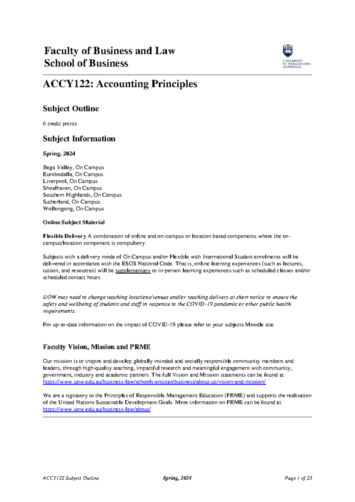 ACCY122 Subject Outline: Accounting Principles for Spring 2024 - Studocu
