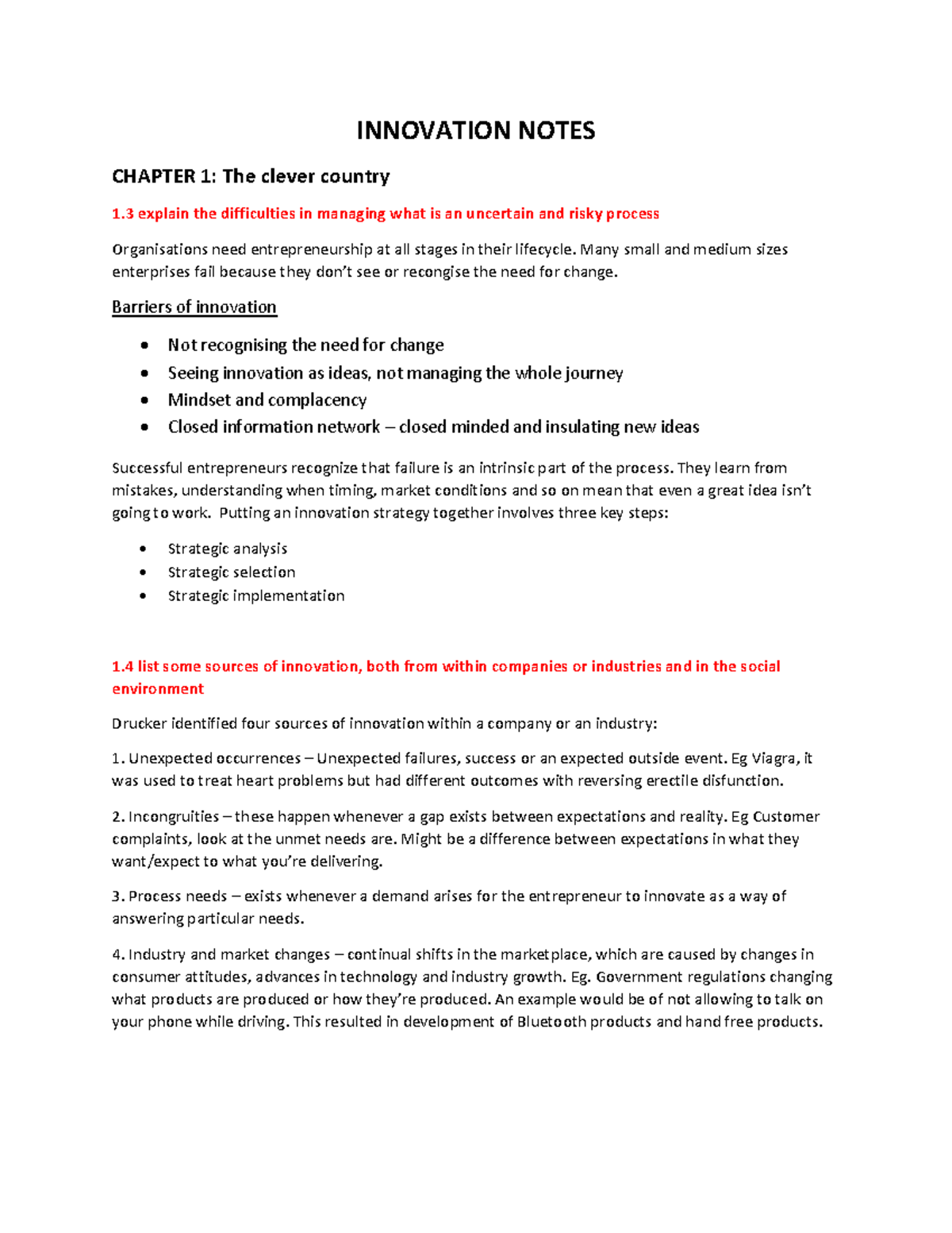 INNOVATION NOTES - CHAPTER 1 & 2: Key Concepts and Processes - Studocu
