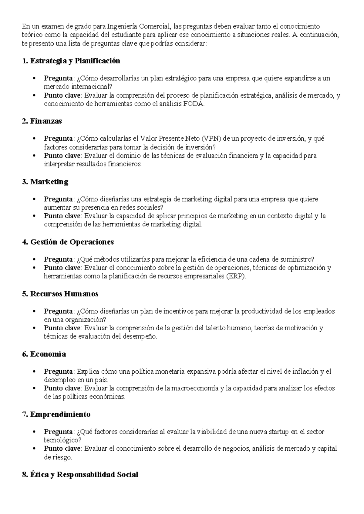Preguntas clave para el Examen de Grado en Ingeniería Comercial - Document Preview