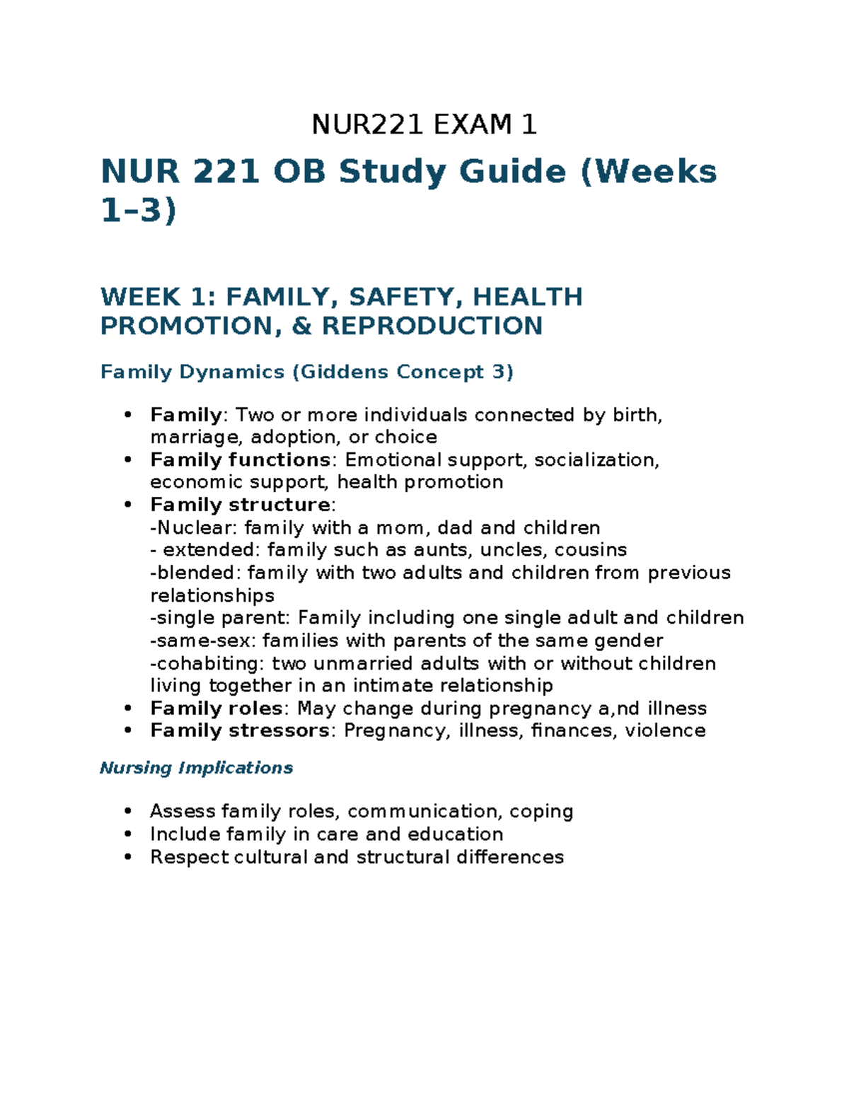 NUR221 EXAM 1 Study Guide: Family, Health, and Reproductive Care - Studocu