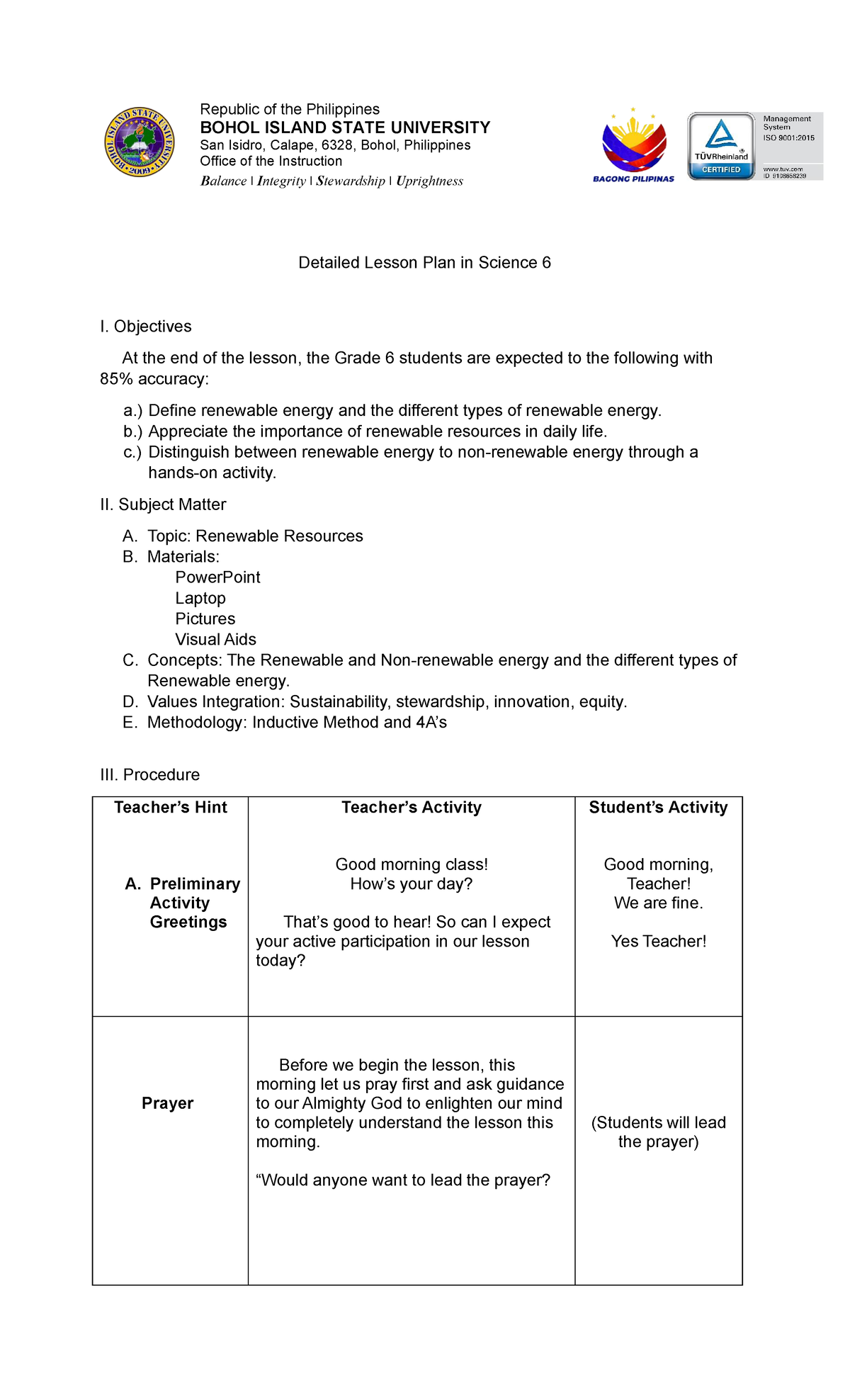 Detailed Lesson Plan in Science 6 - Republic of the Philippines BOHOL ...