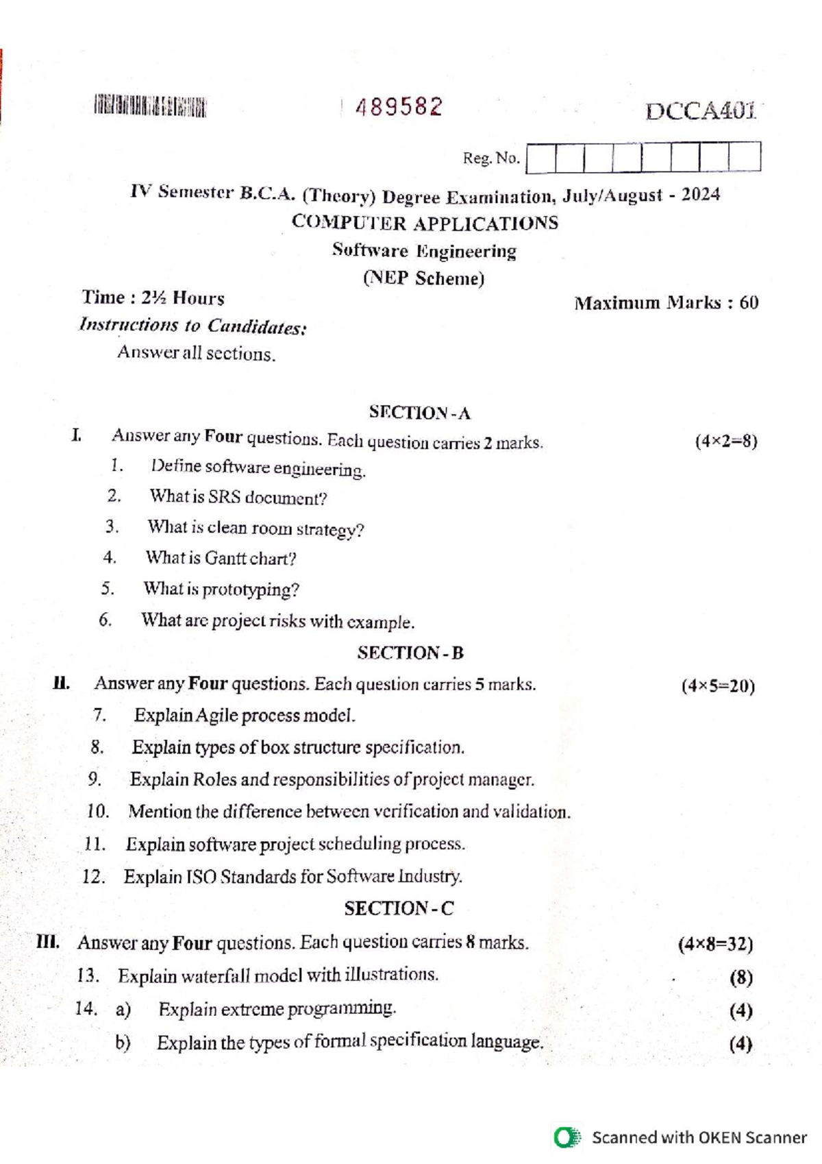 489582 DCCA401 IV Sem BCA Software Engineering Exam Guide 2024 - Studocu