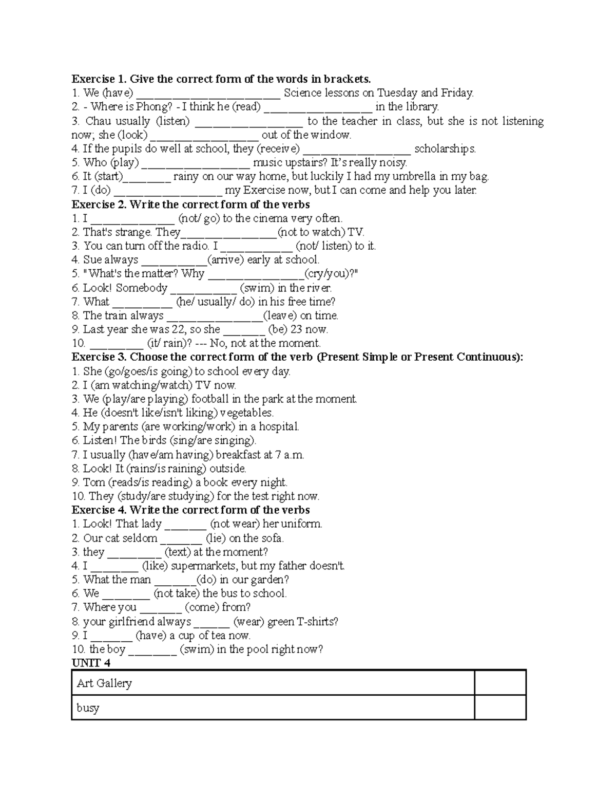 Eng - Exercise 1: Verb Forms Practice and Present Tenses - Studocu