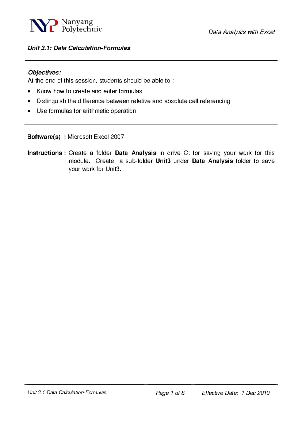 Unit 3.1 Final Exam: Data Calculation and Formulas in Excel - Studocu