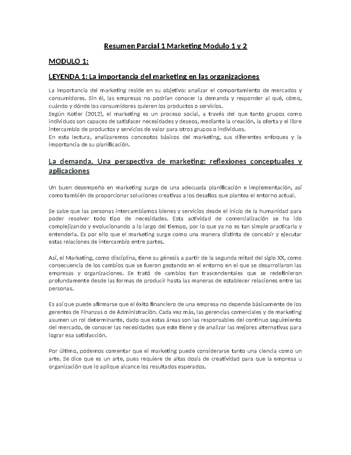 Resumen Parcial 1 Marketing Módulos 1 y 2: Conceptos Clave y Enfoques ...
