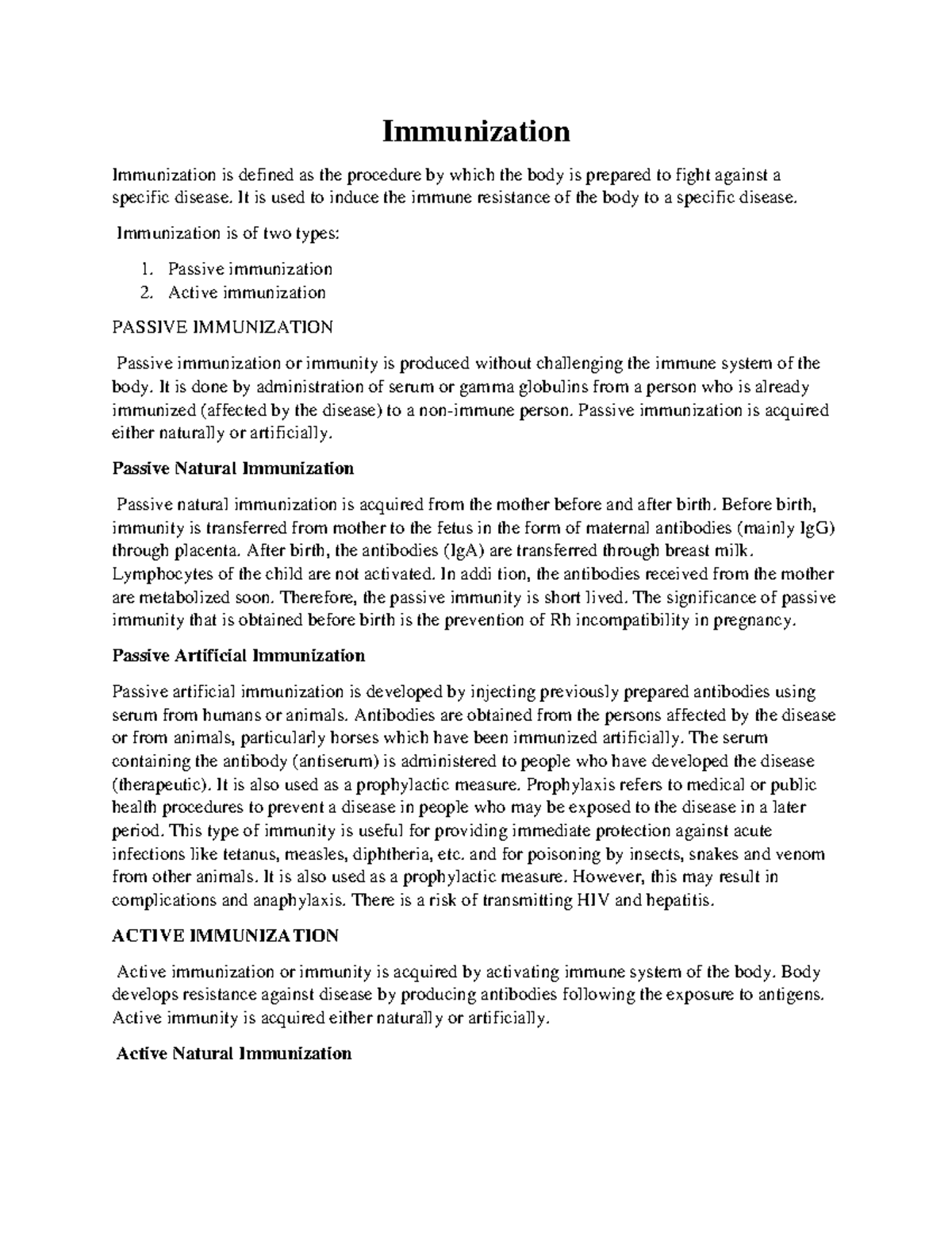 Immunization - Lecture Notes 1: Types and Mechanisms Explained - Studocu