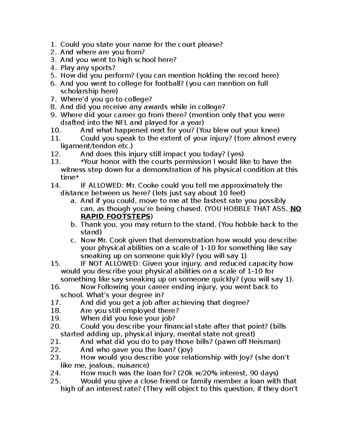 Mock Trial Direct Exam Questions - Could you state your name for the ...