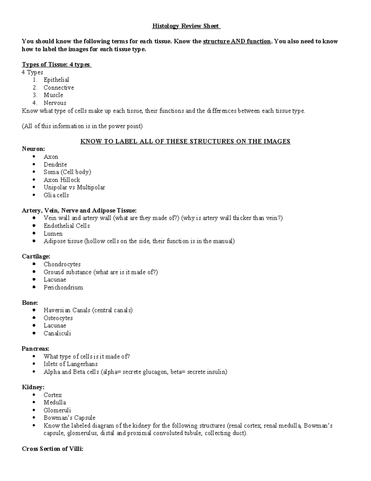Histology Review Sheet: Key Terms & Functions of Tissue Types - Studocu