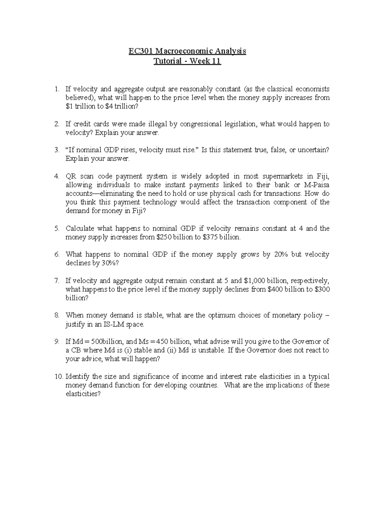EC301 Macroeconomic Analysis Tutorial Week 11 - Key Concepts and ...