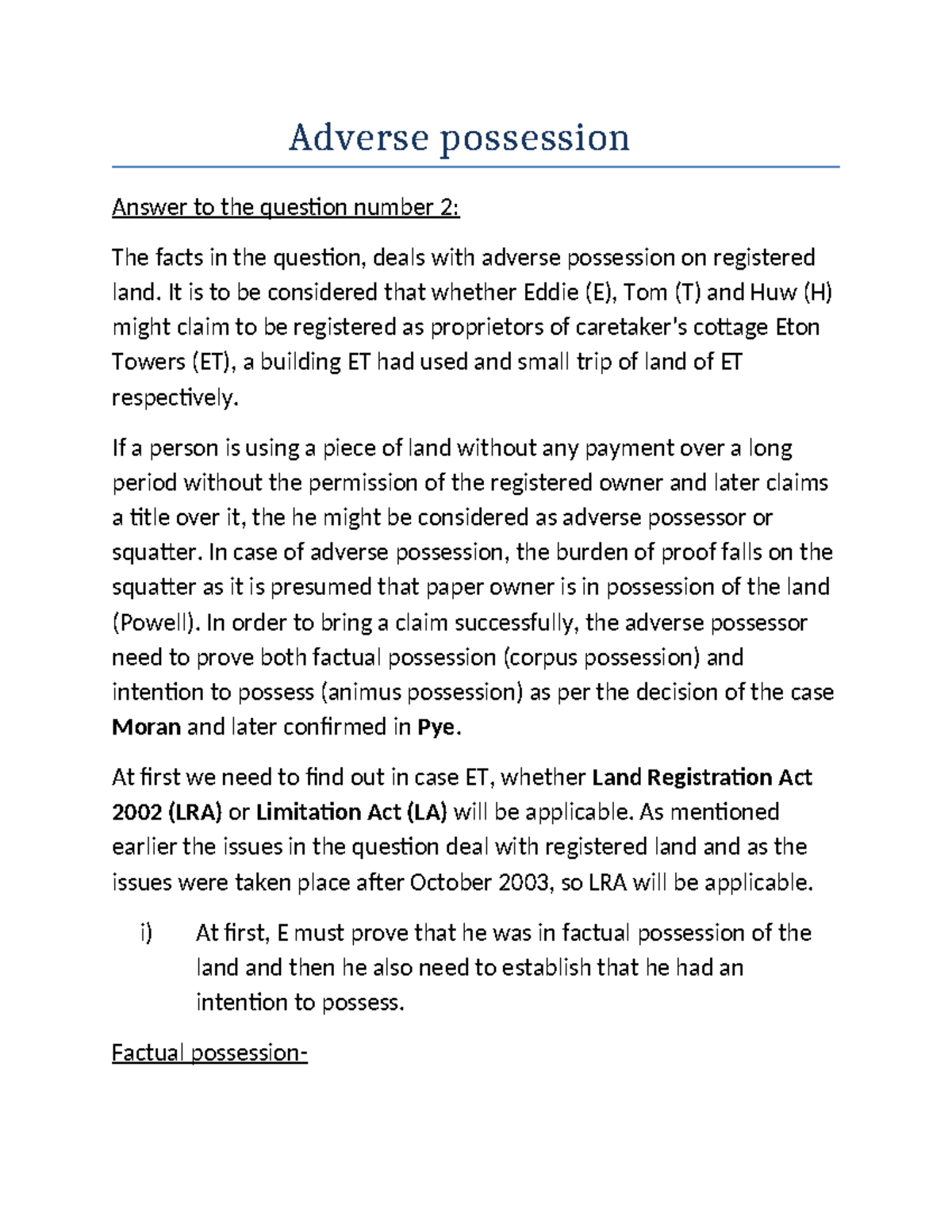 Adverse Possession Analysis of Registered Land (Law 2021) - Studocu