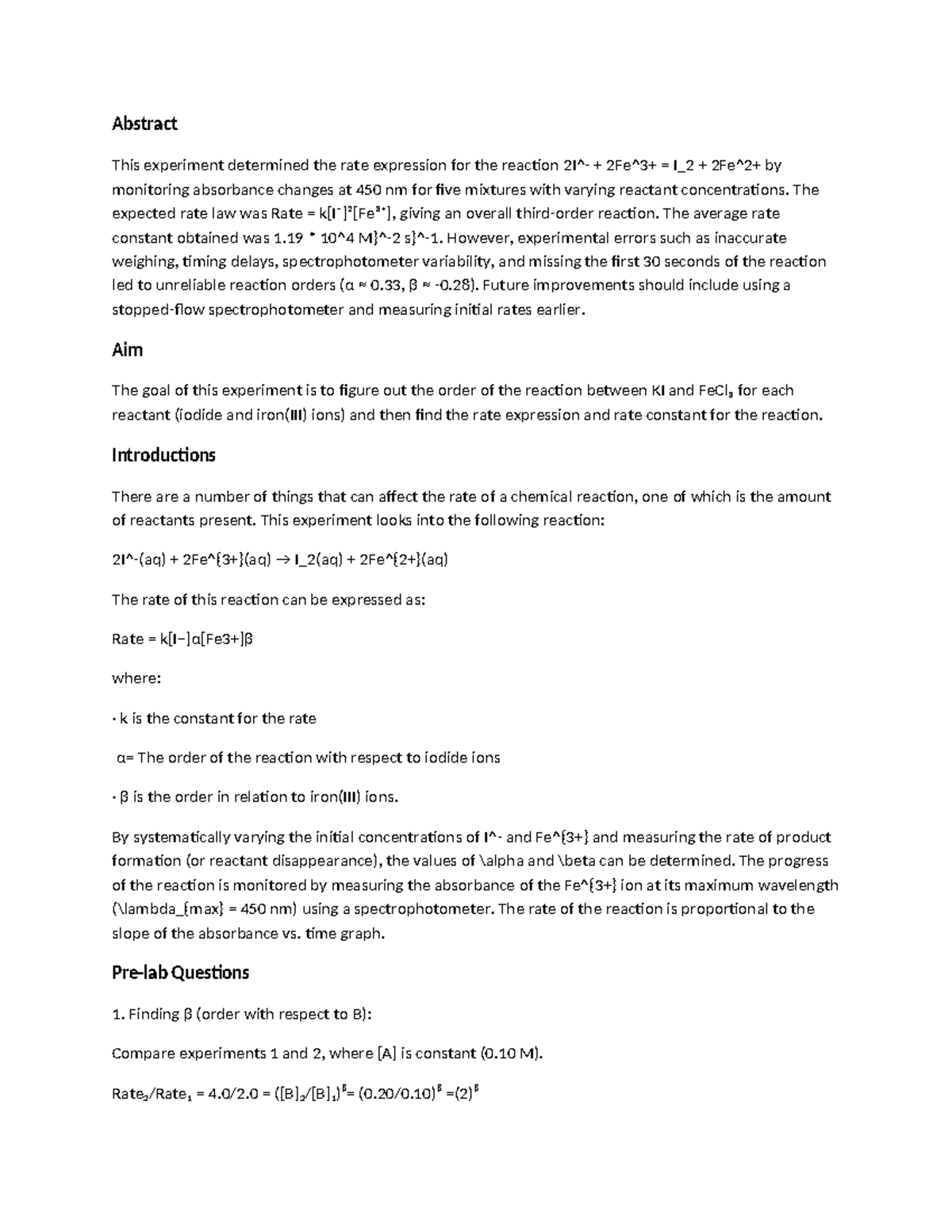 CHE 244 Kinetic Study of KI and FeCl₃ Reaction: Lab Report - Studocu