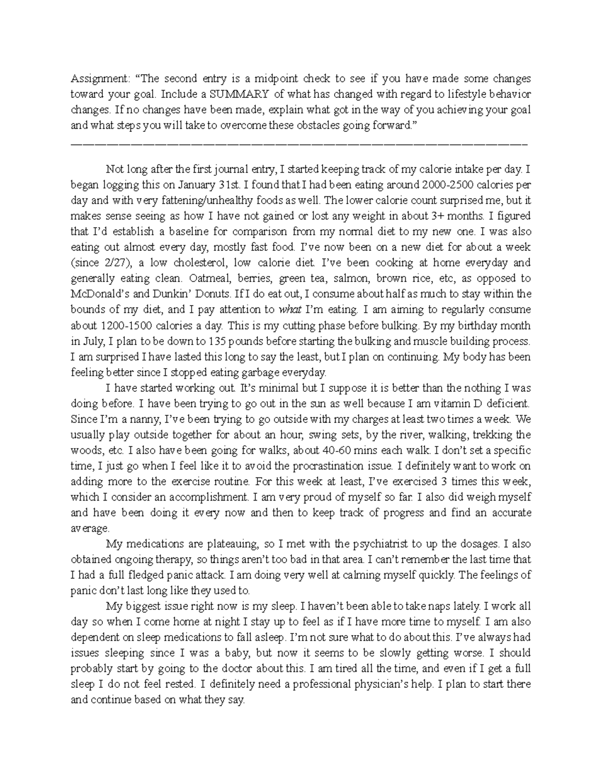Behavior Change Journal Entry #2 - Assignment: