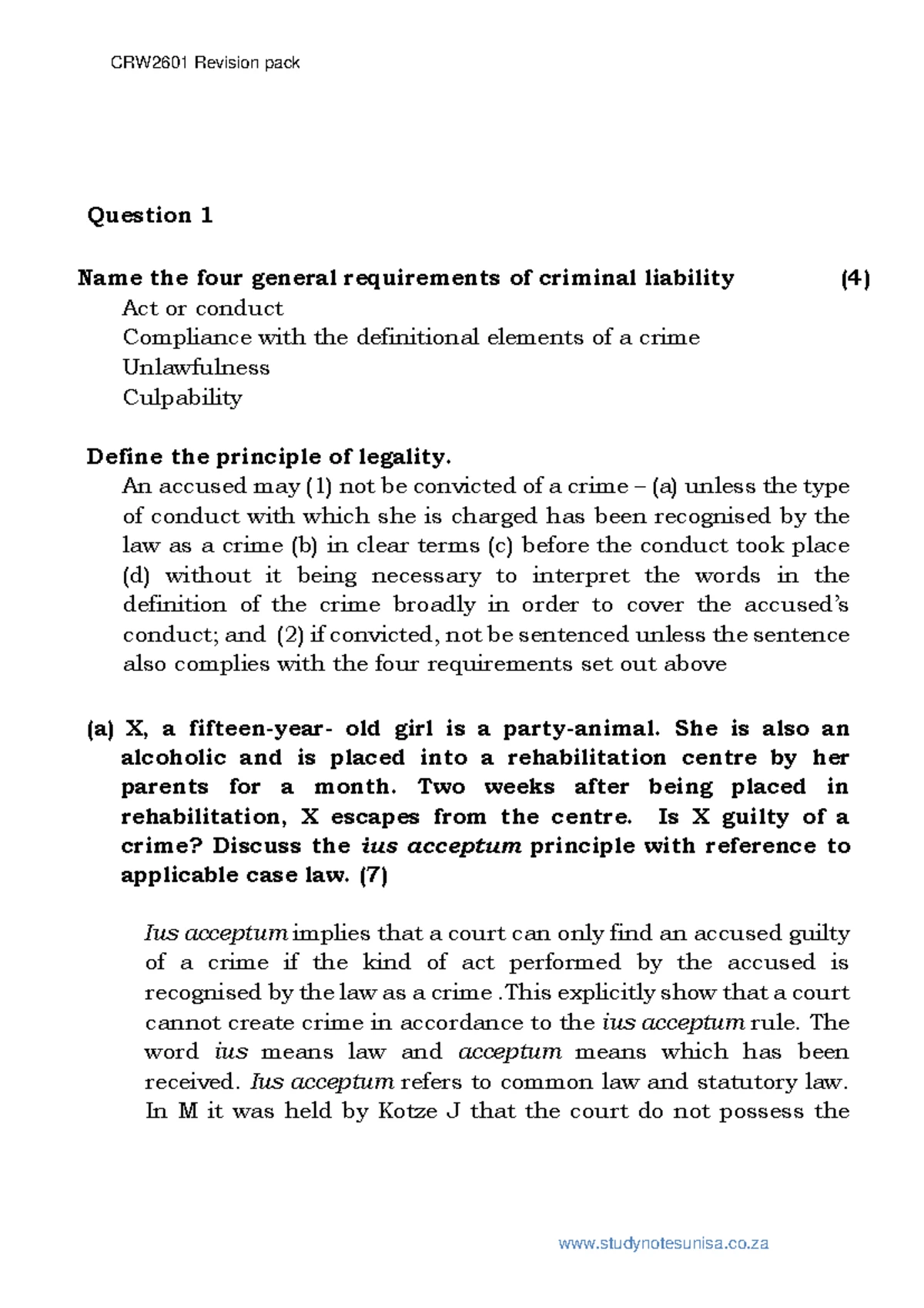 CRW2601 Final Exam MCQs on Criminal Liability and Defenses - Studocu