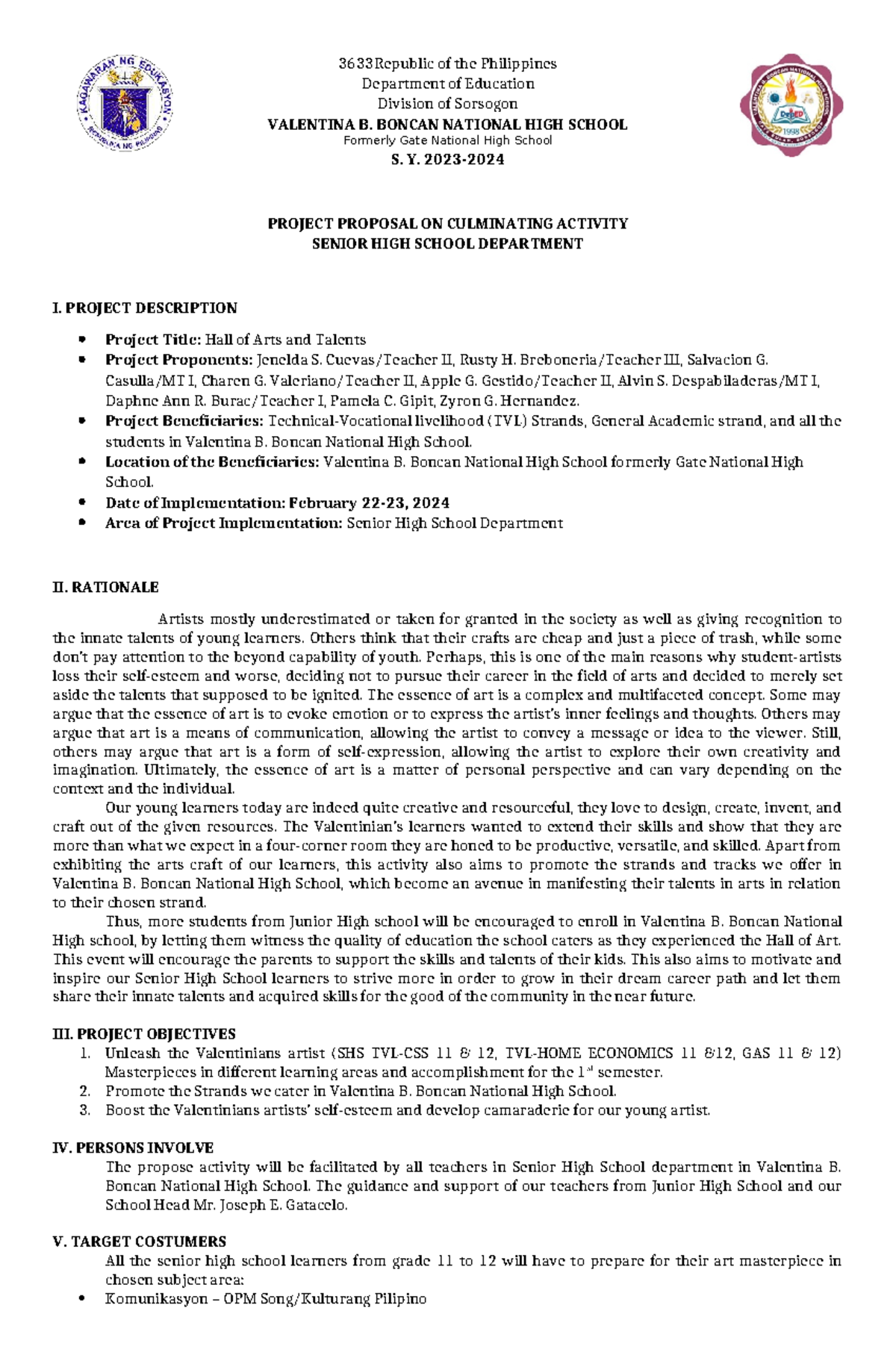 Culminating Activity Proposal 2024: Hall of Arts & Talents (SHS 11-12 ...