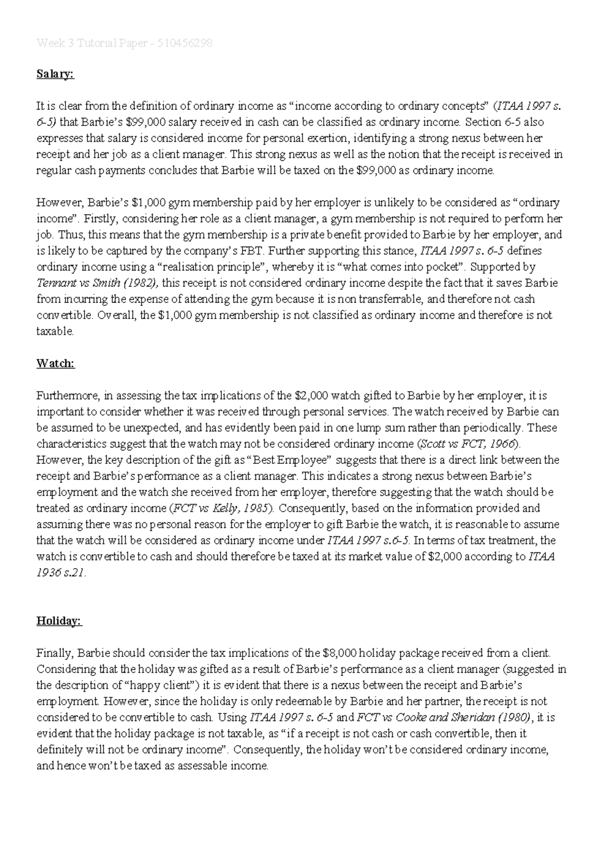 Week 3 Tutorial Paper – Tax Implications of Income for 510456298 - Studocu