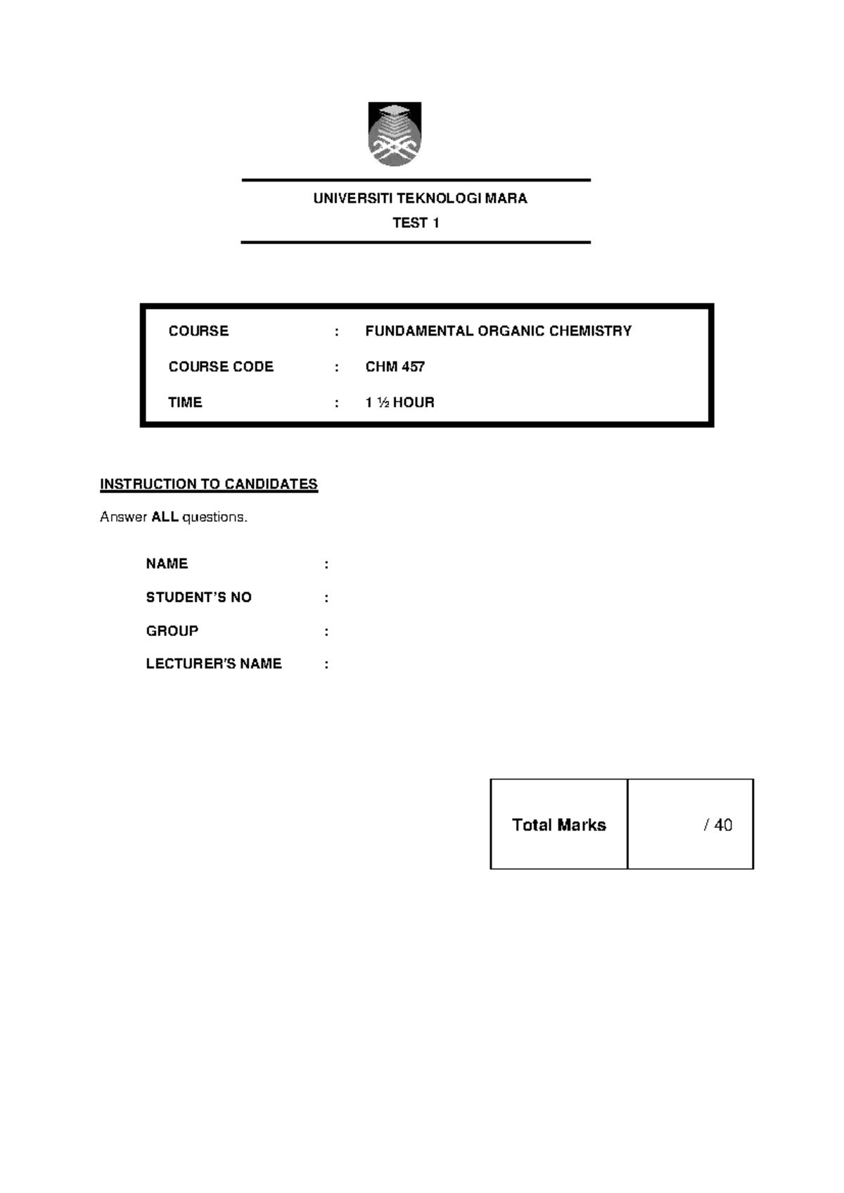 CHM 457 Test 1 Answers: Fundamental Organic Chemistry 2024 - Studocu