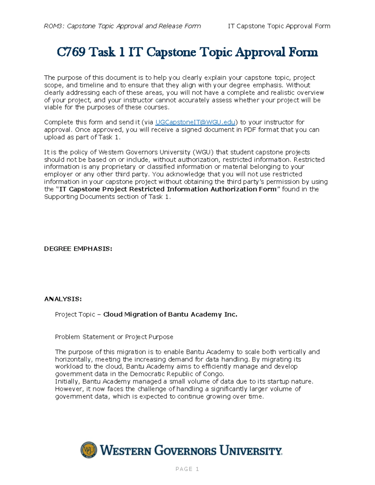 ROM3: Capstone Report on Cloud Migration for Bantu Academy Inc. - Studocu