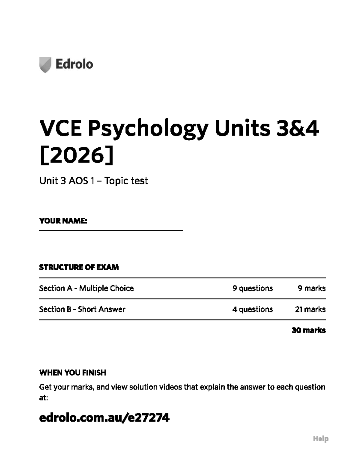 Edrolo VCE Psychology Unit 3 AOS 1 Practice Test - Studocu