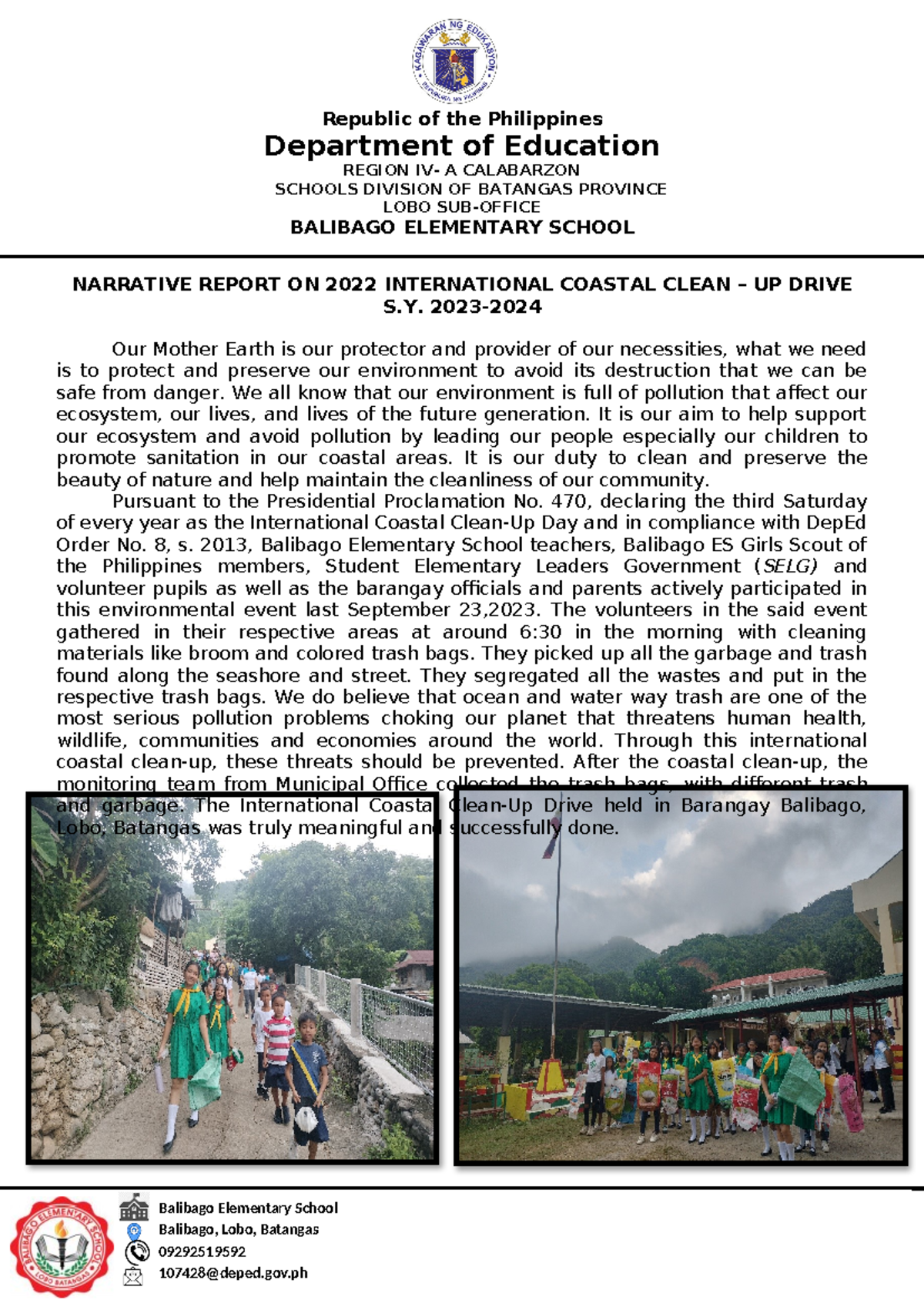 Narrative Report on 2023 International Coastal Clean-Up Drive - Studocu