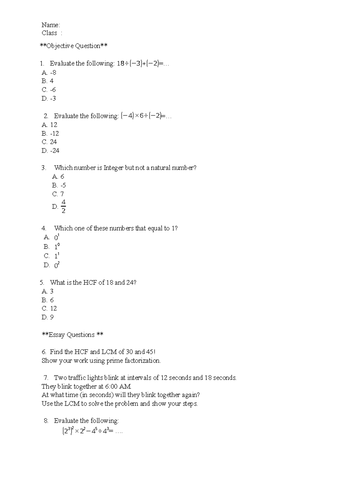 Objective Questions - Math Concepts & Evaluations (Class 1) - Studocu