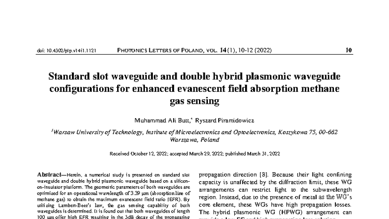 Standard Slot and Double Hybrid Plasmonic Waveguides for CH4 Sensing ...