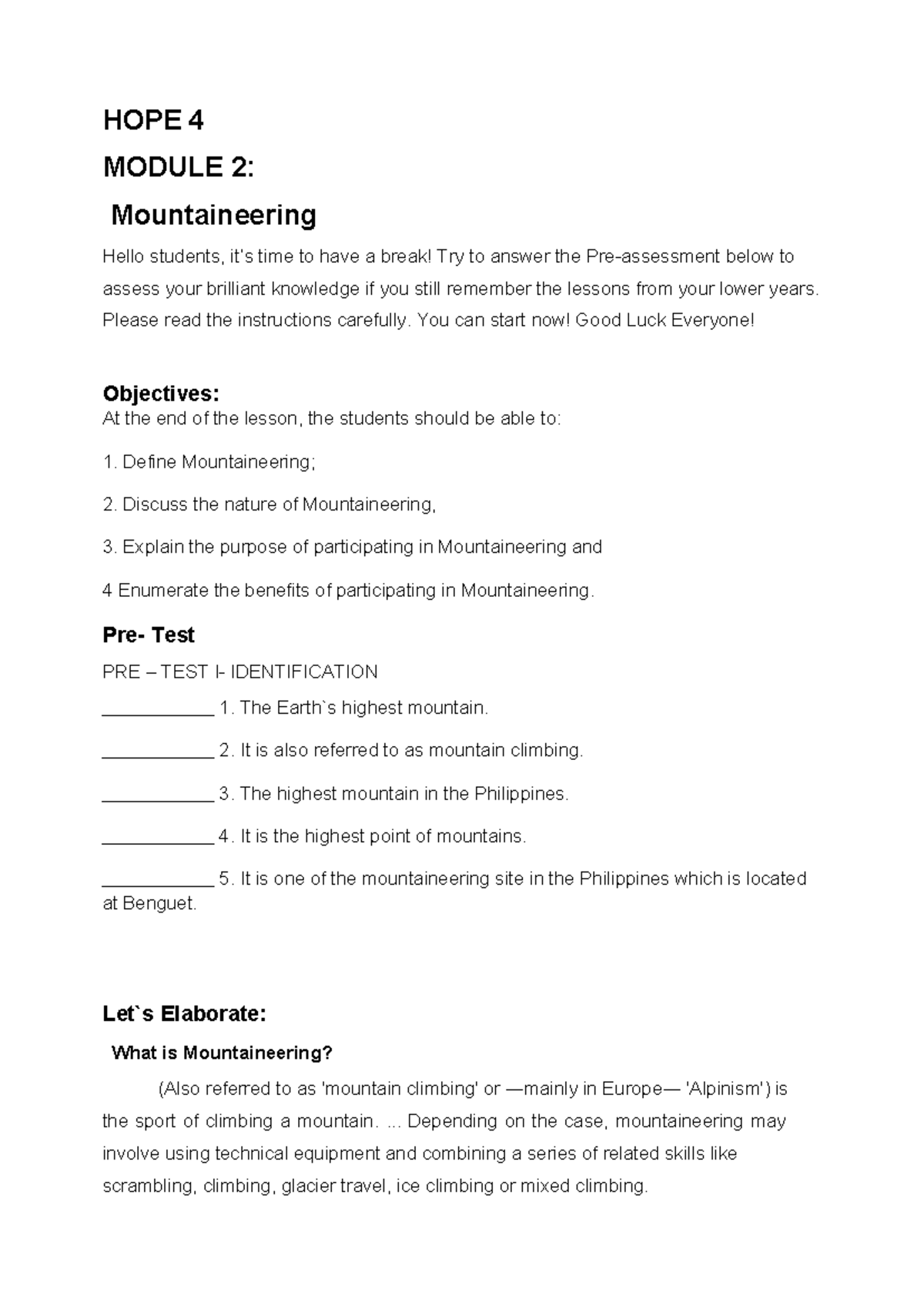 HOPE 4 MODULE 2: Understanding Mountaineering Concepts and Benefits ...