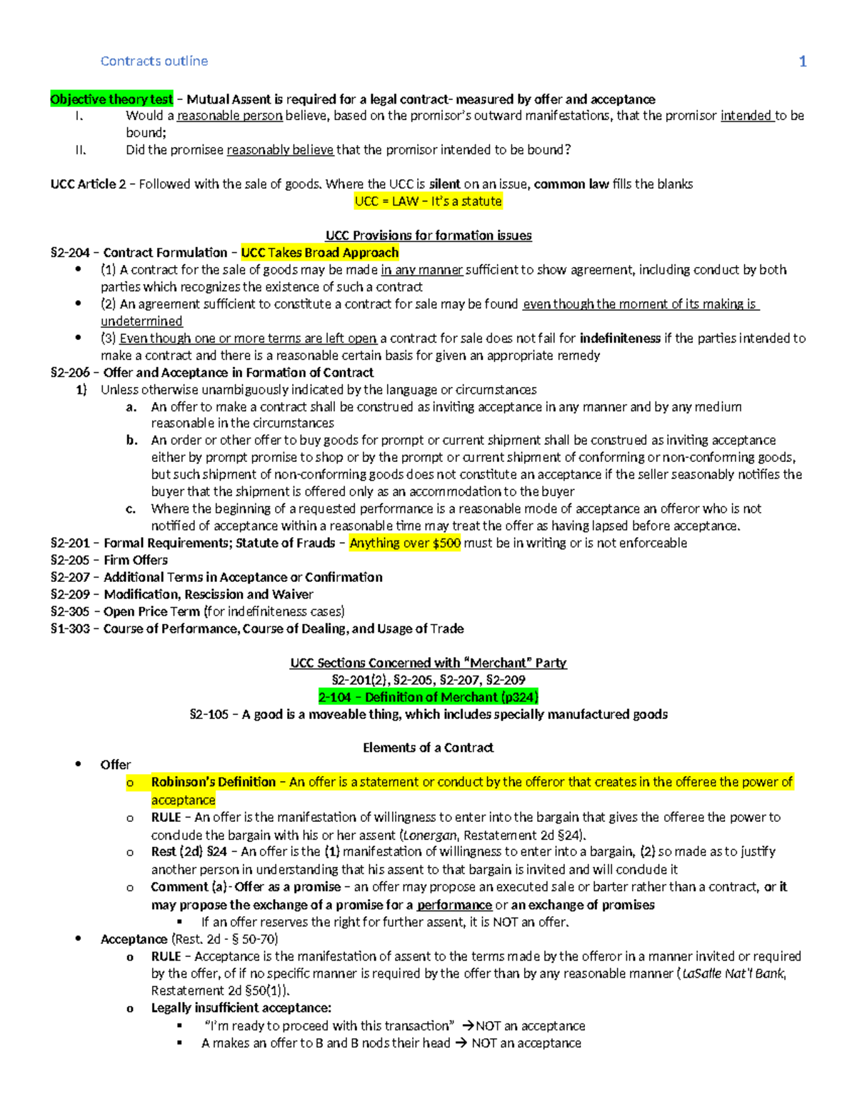 Contracts Outline: UCC and Common Law Principles on Offer and ...